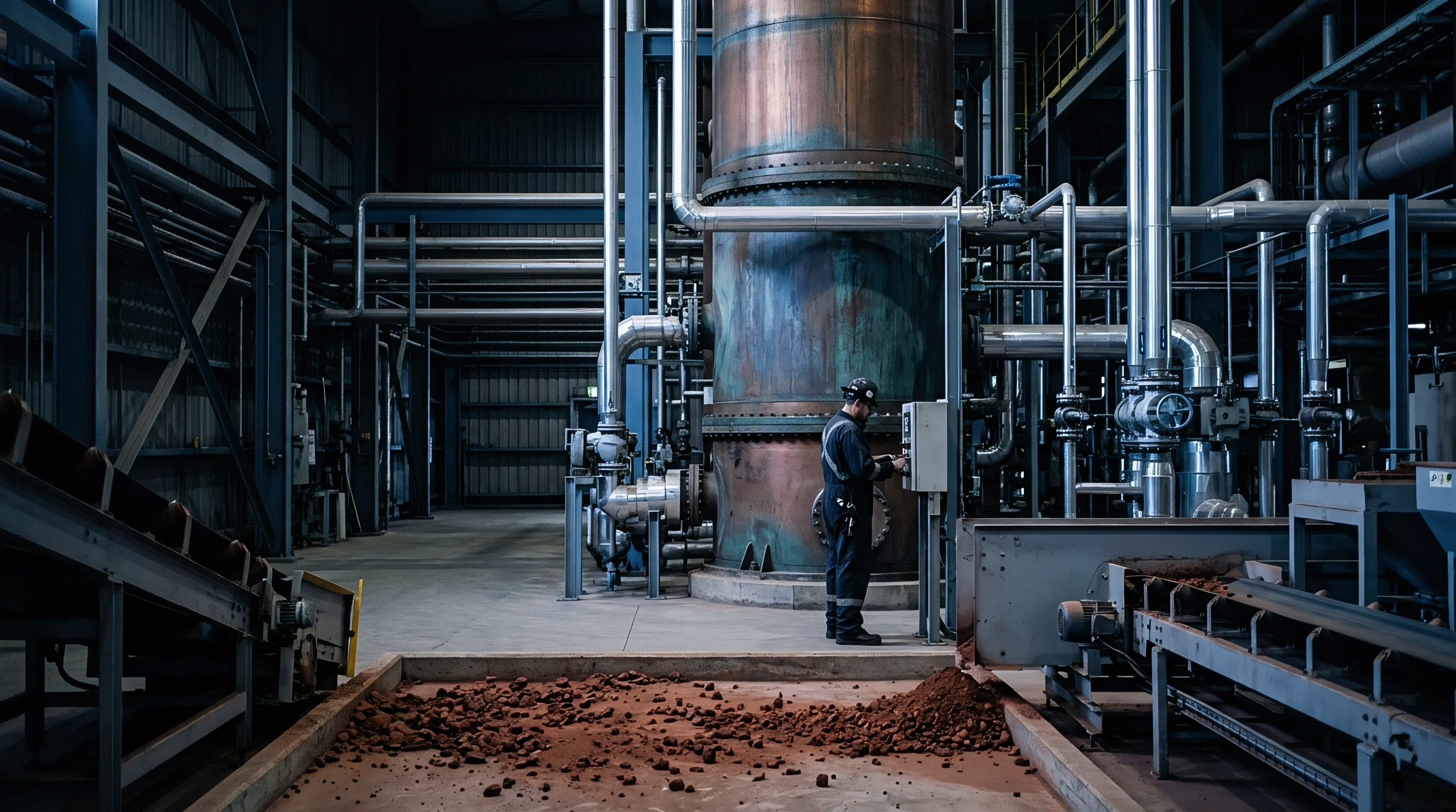 Operators monitor heavy industrial processing machinery within a mineral extraction facility handling raw earth materials through complex steel pipelines.