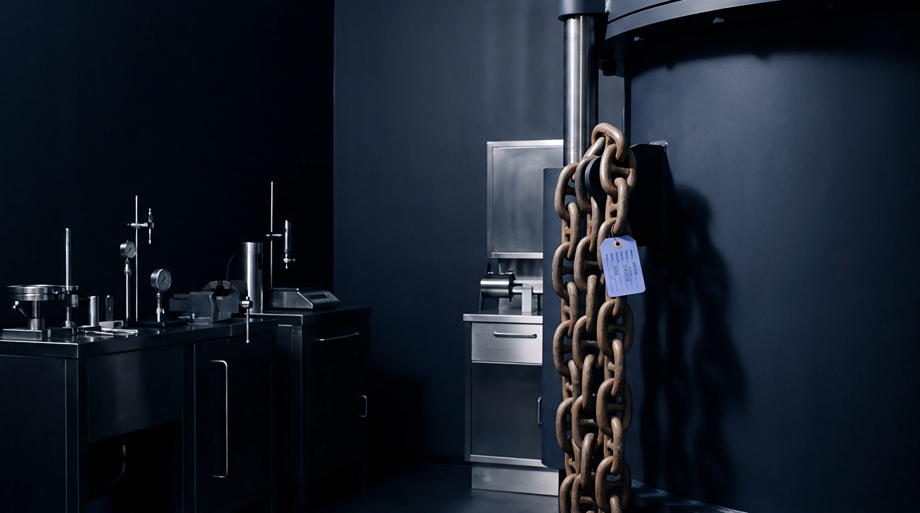 A rusted anchor chain hangs against a dark steel industrial cylinder inside a heavy manufacturing facility equipped with calibration workbenches.