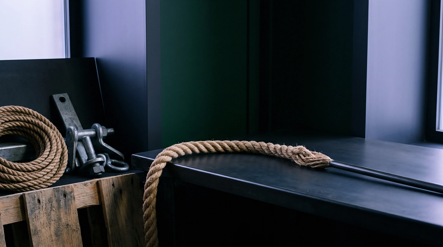 Heavy steel rigging hardware and coiled fiber cordage rest on industrial work surfaces awaiting deployment in supply chain operations.