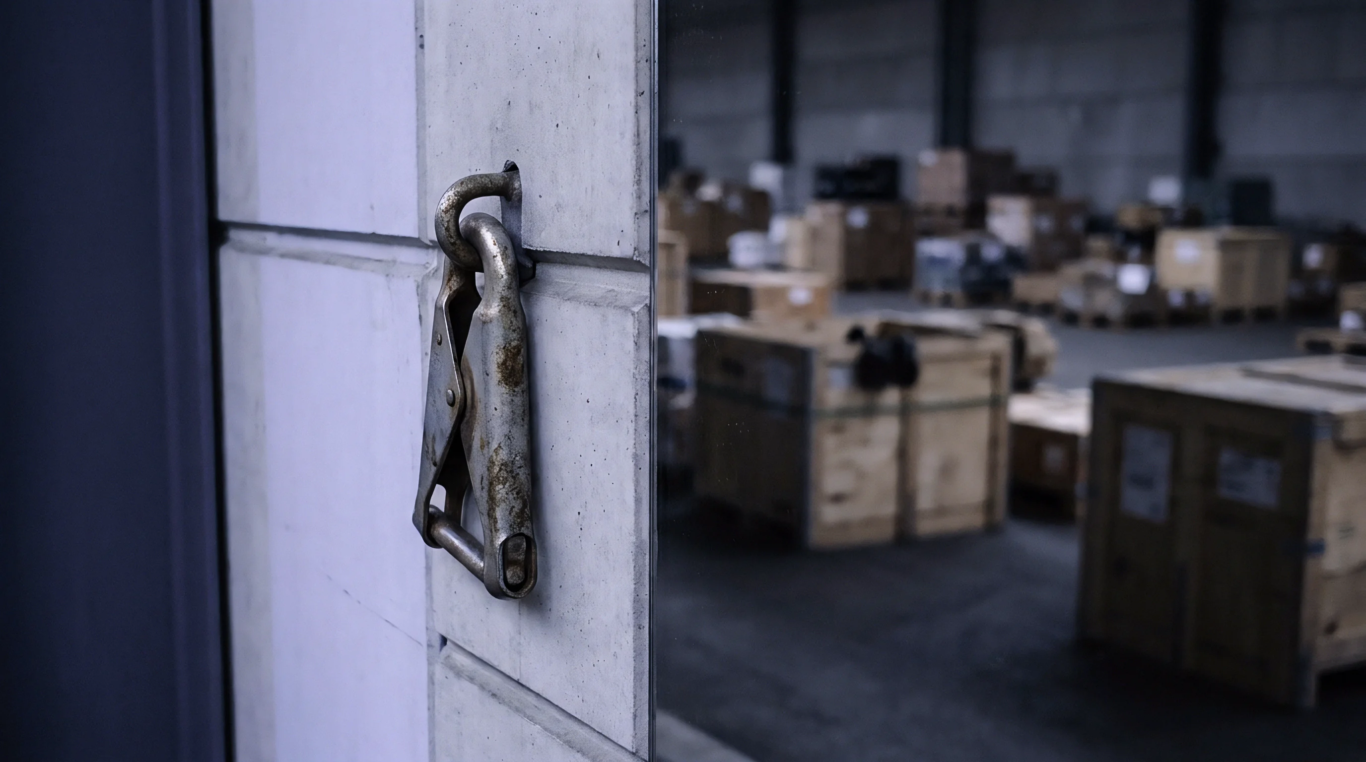 A weathered steel latch fastens a heavy concrete security door of a vast industrial warehouse filled with wooden freight crates.