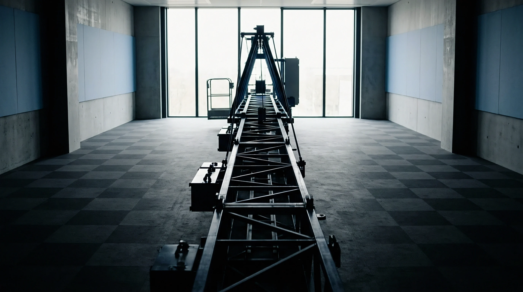 A metallic truss assembly extends centrally down a concrete testing corridor featuring tiled flooring and a large rear window.