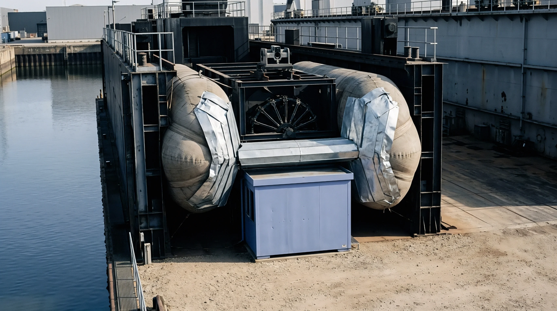 Heavy pneumatic rollers wrapped in protective sheeting sit within a structural steel dry dock adjacent to calm basin waters.