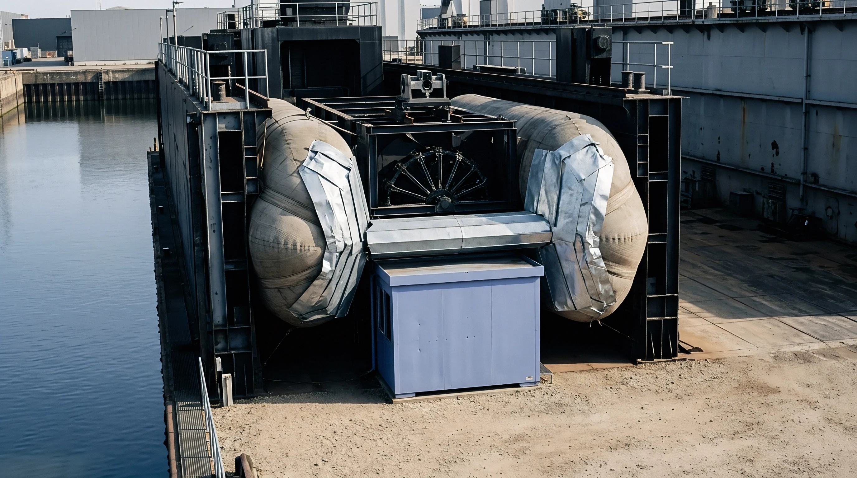 Heavy pneumatic rollers wrapped in protective sheeting sit within a structural steel dry dock adjacent to calm basin waters.
