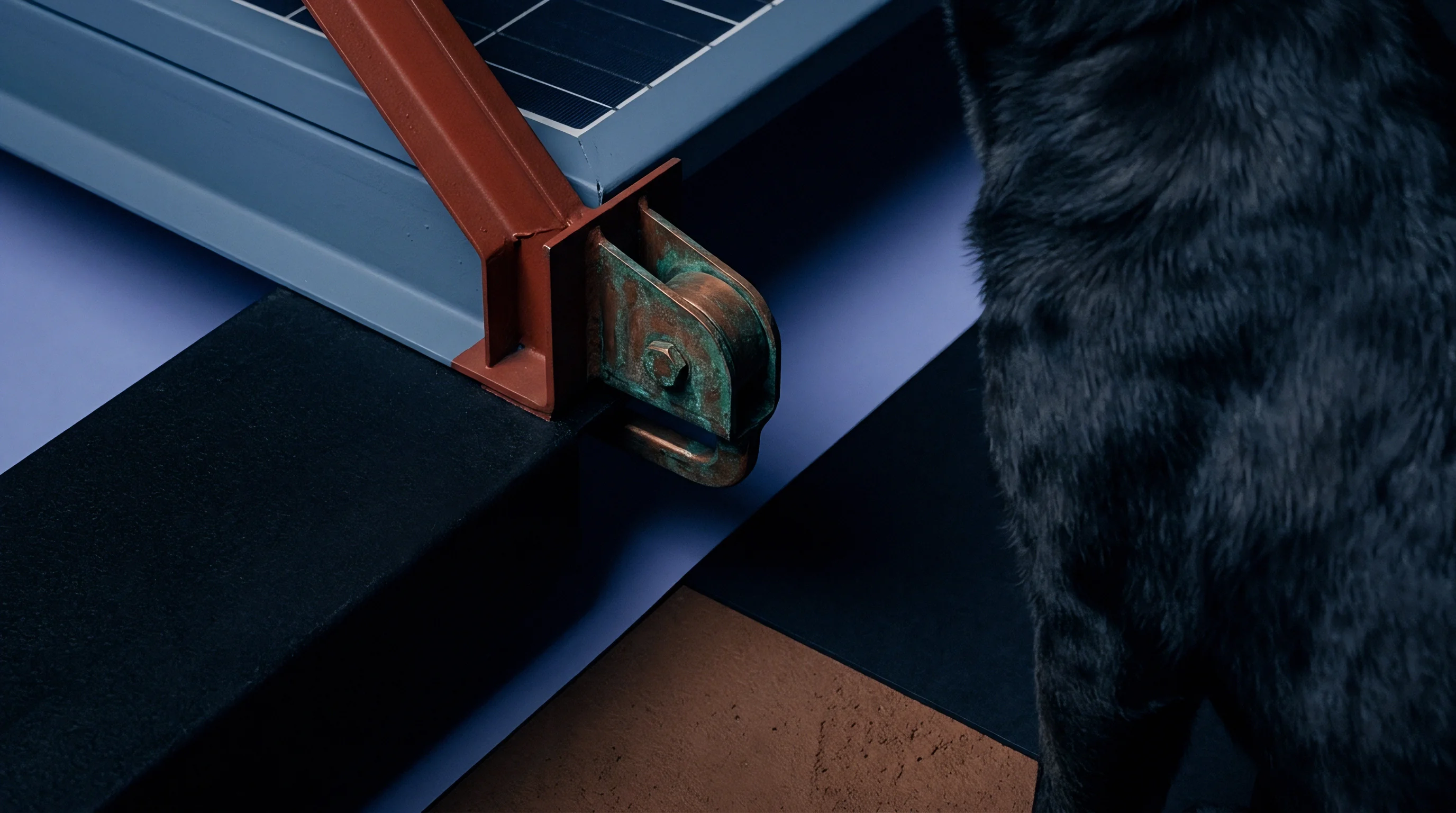 A domestic cat stands beside a structural metal frame equipped with a bronze pulley and red support beam.