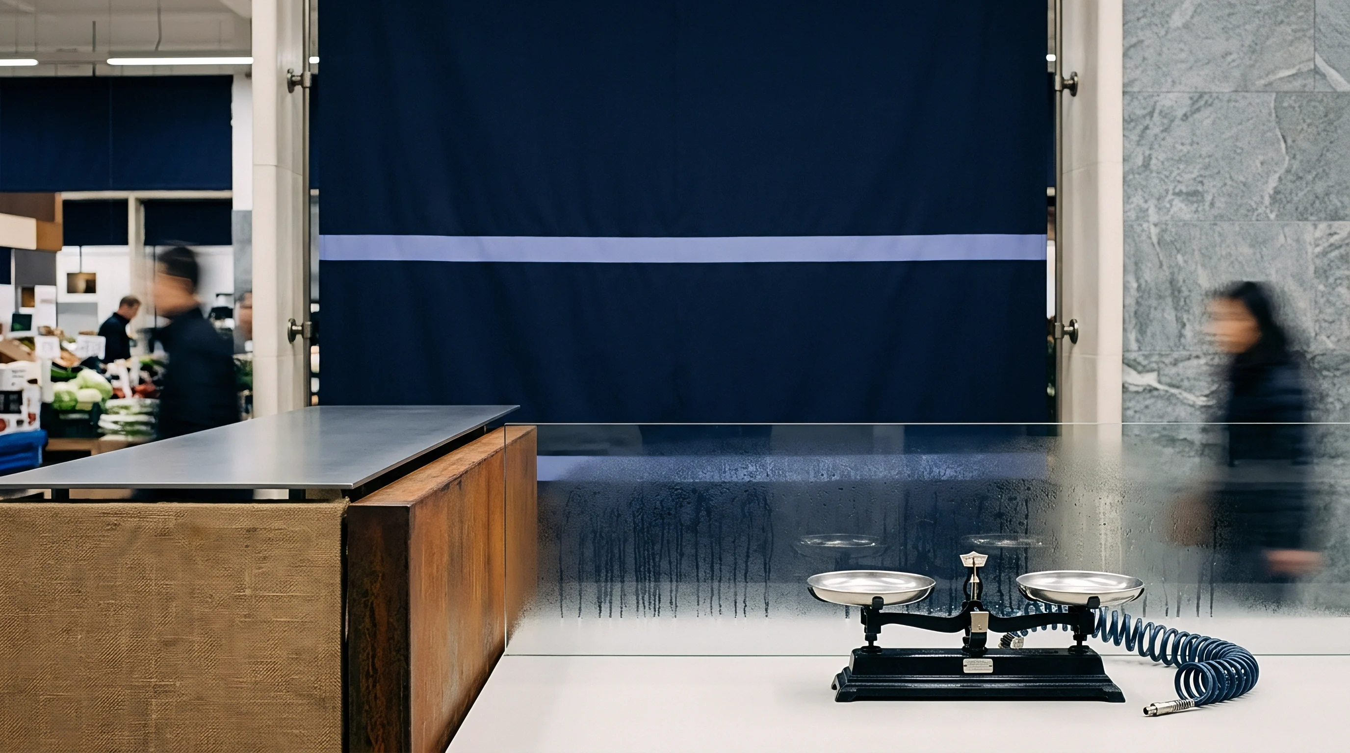 Mechanical balance scale and flexible pneumatic tube rest on a white counter behind a frosted glass partition within a logistics facility.