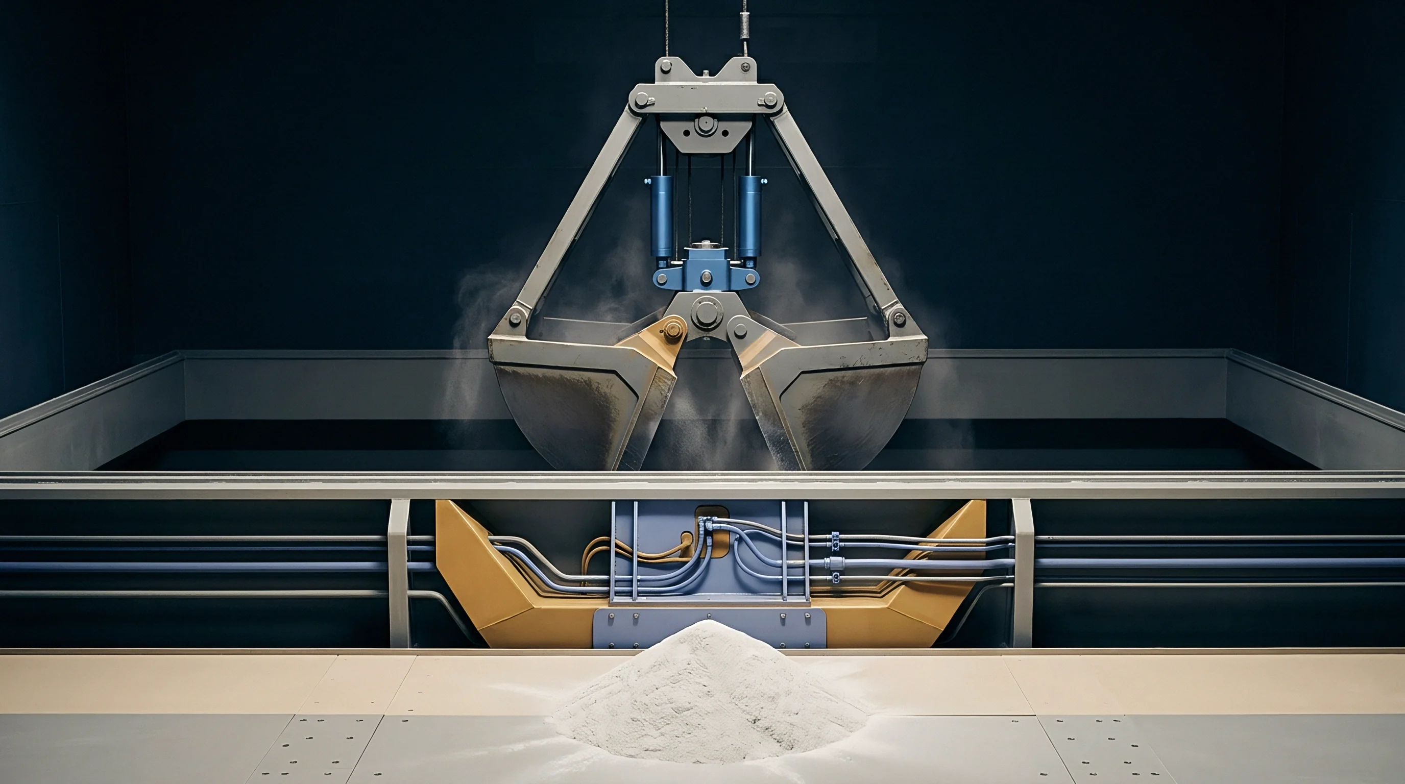 An industrial render shows an overhead clamshell bucket suspended above a conical pile of fine white aggregate within a confined dark grey warehouse.