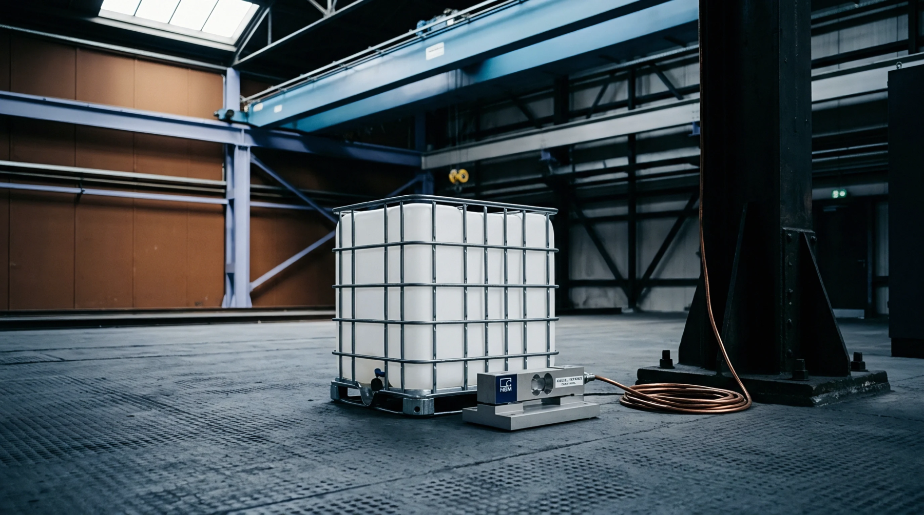 Industrial bulk storage holding liquid raw materials sits on a textured concrete floor inside a cavernous warehouse facility.