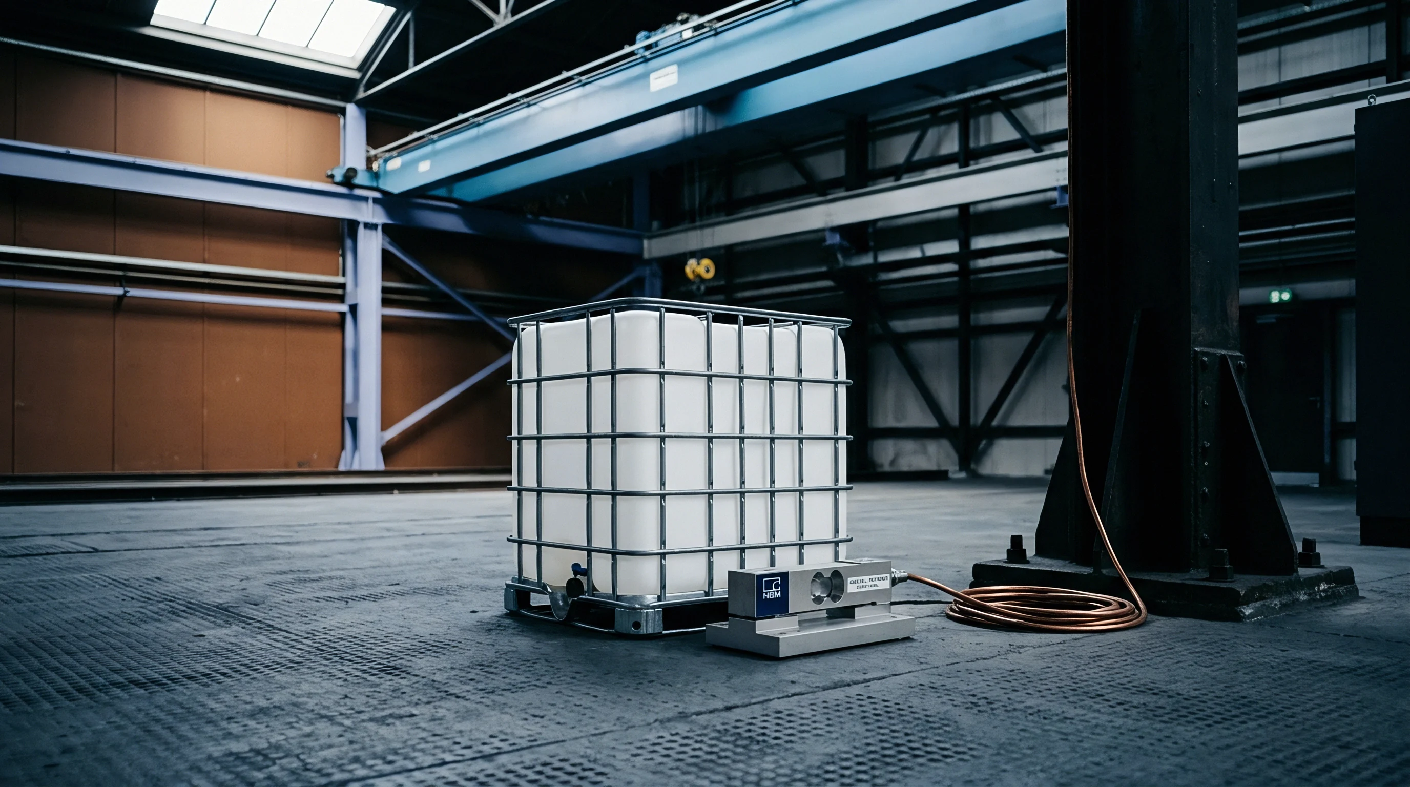 Industrial bulk storage holding liquid raw materials sits on a textured concrete floor inside a cavernous warehouse facility.