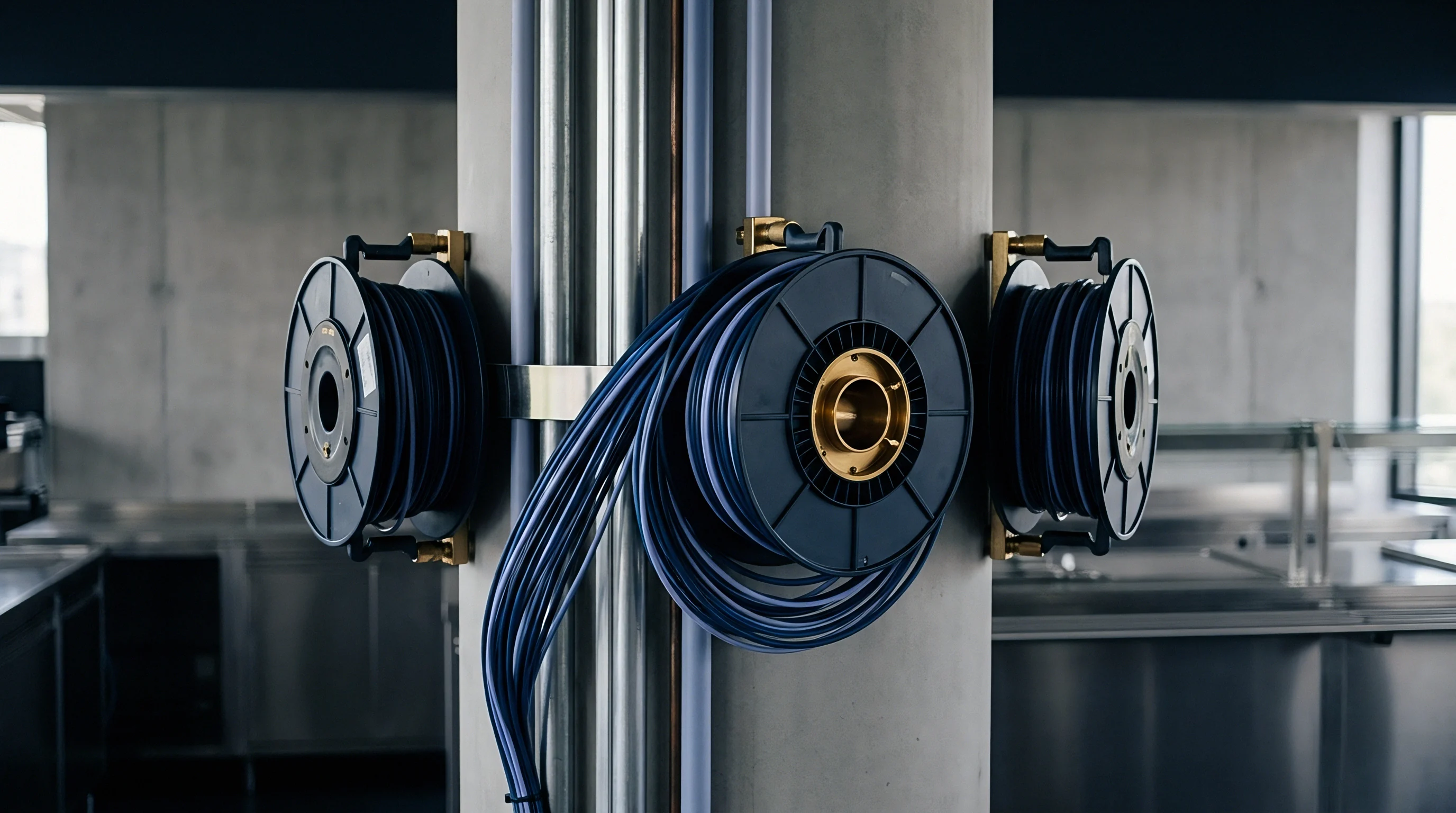 Three black plastic spools loaded with blue polymer cable are bracketed to a heavy concrete structural pillar inside an industrial facility.