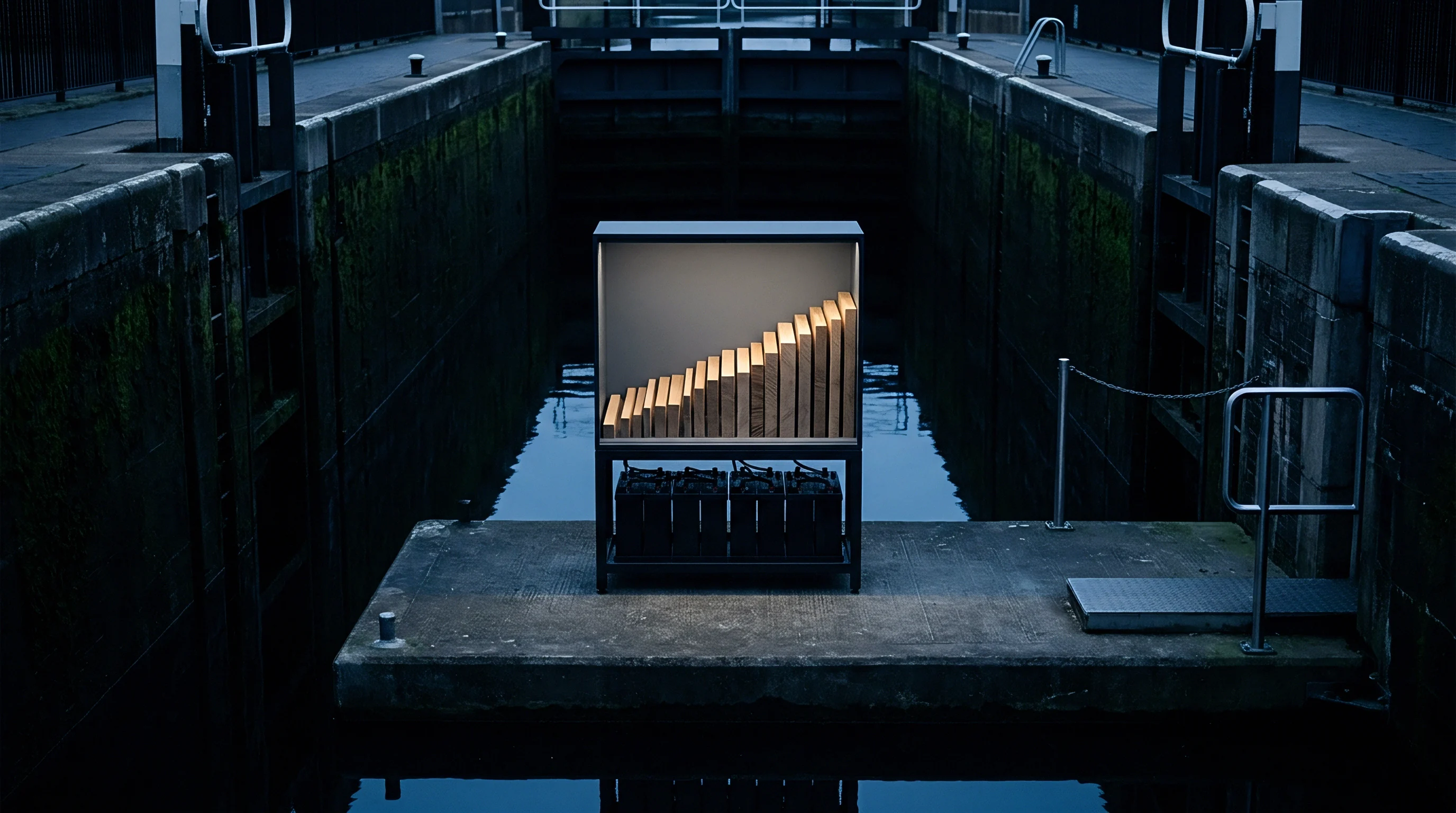 An illuminated data display module containing ascending wooden height blocks stands on a concrete industrial lock platform above dark water channels.