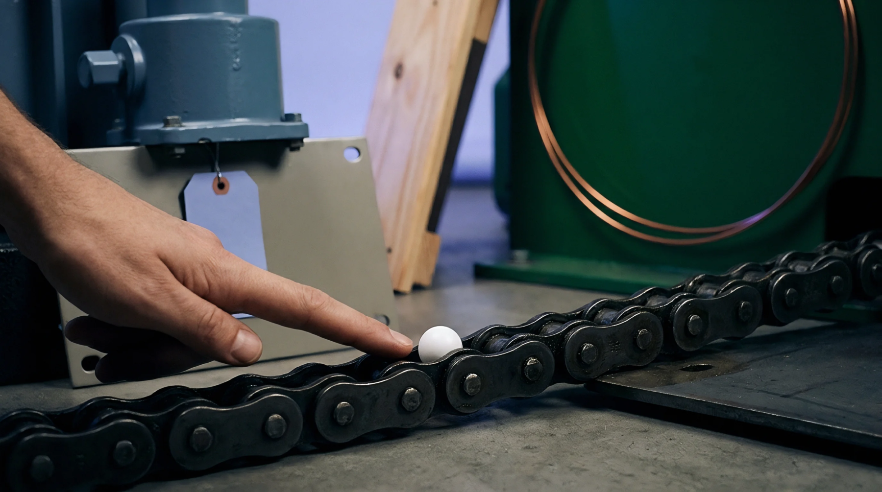 A human hand indicates a tiny white sphere positioned precisely within the links of a heavy industrial steel chain resting on a concrete floor.