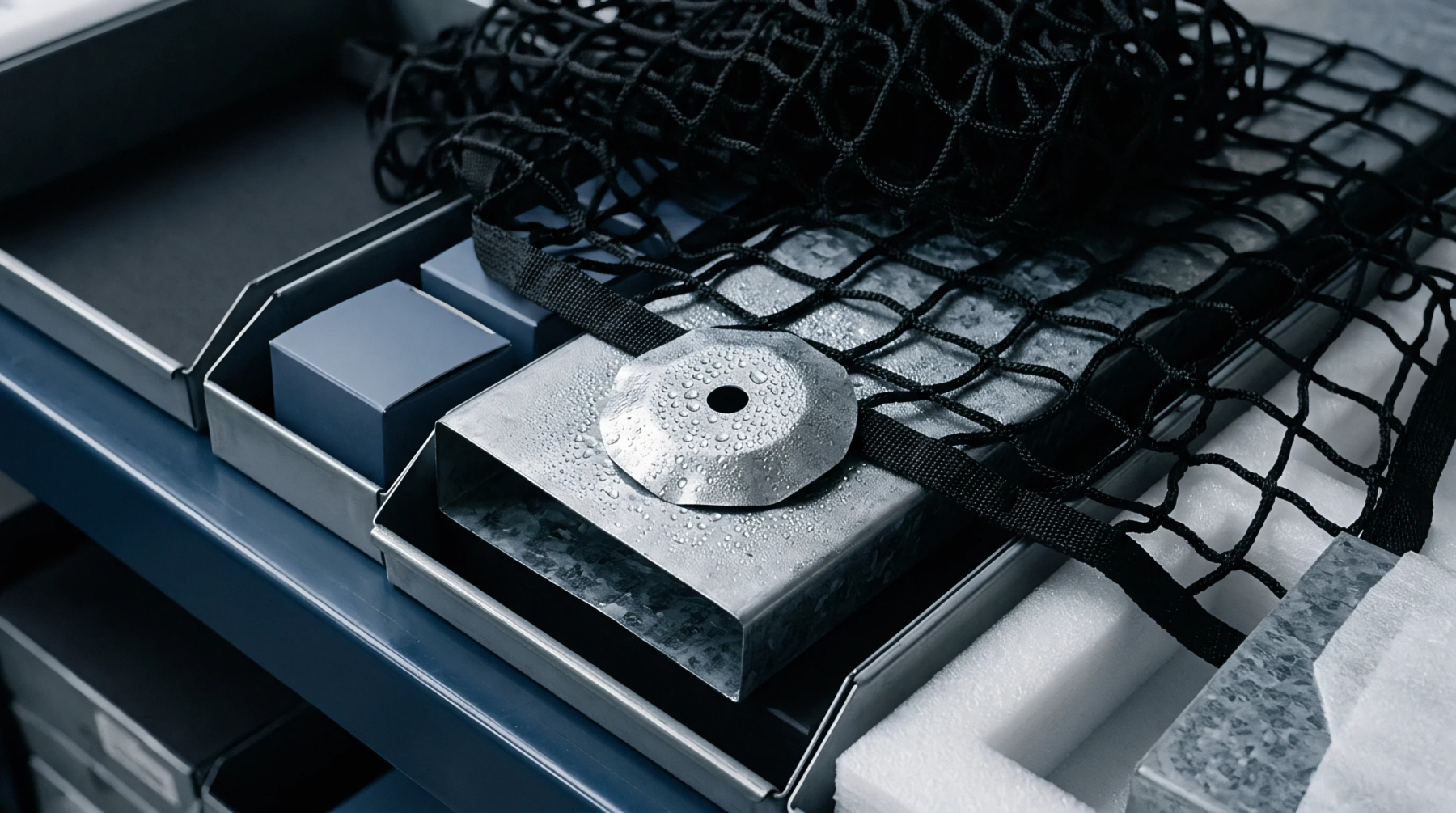 Metal components with surface droplets are organized in industrial trays on shelving, covered by a black cargo net.
