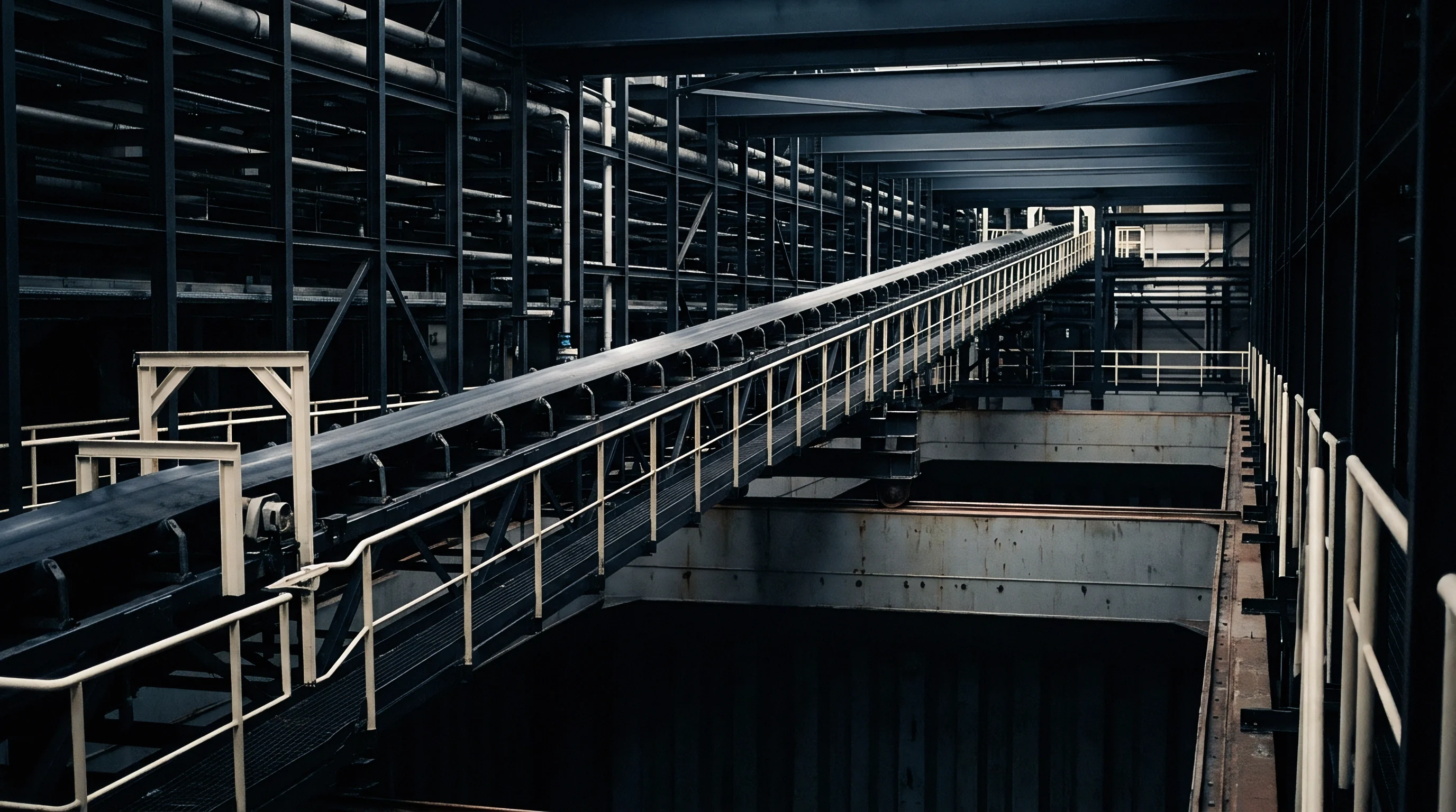 An inclined conveyor belt mechanism rises through a cavernous metallic structure surrounded by steel girders and industrial piping networks.