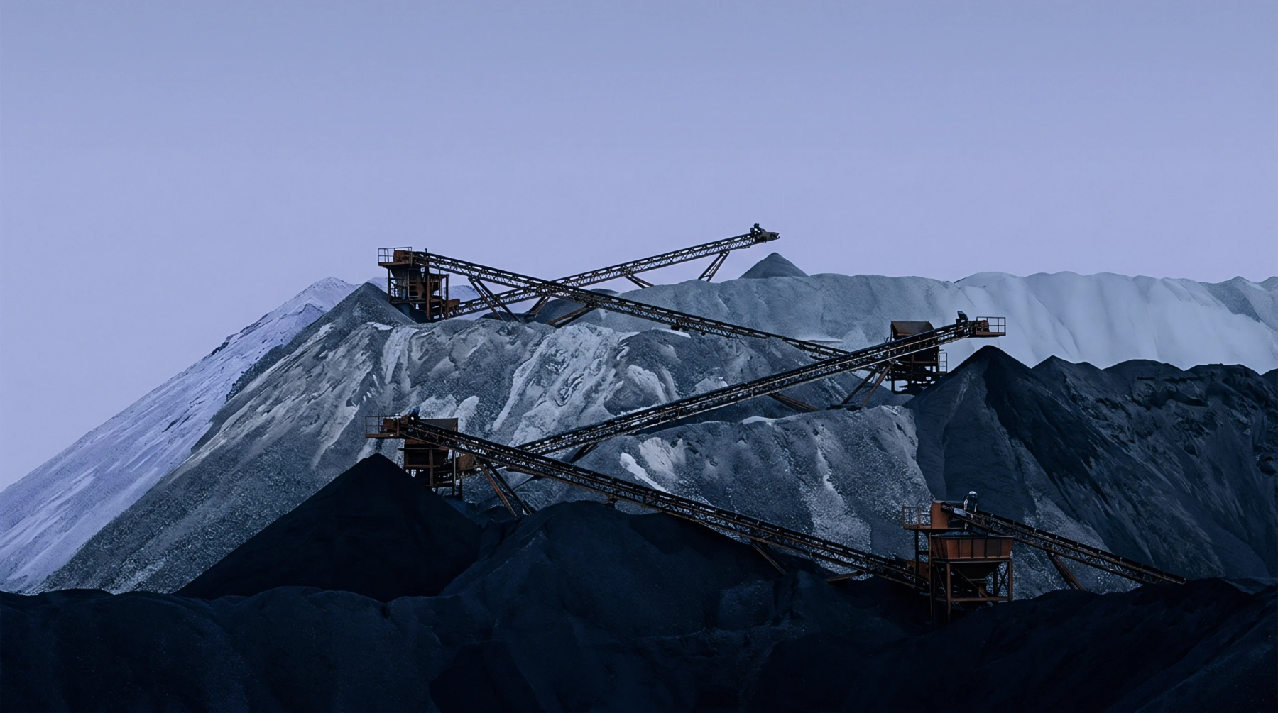 Heavy industrial conveyor structures span across massive stockpiles of dark extracted ore and white mineral aggregate under an open sky.