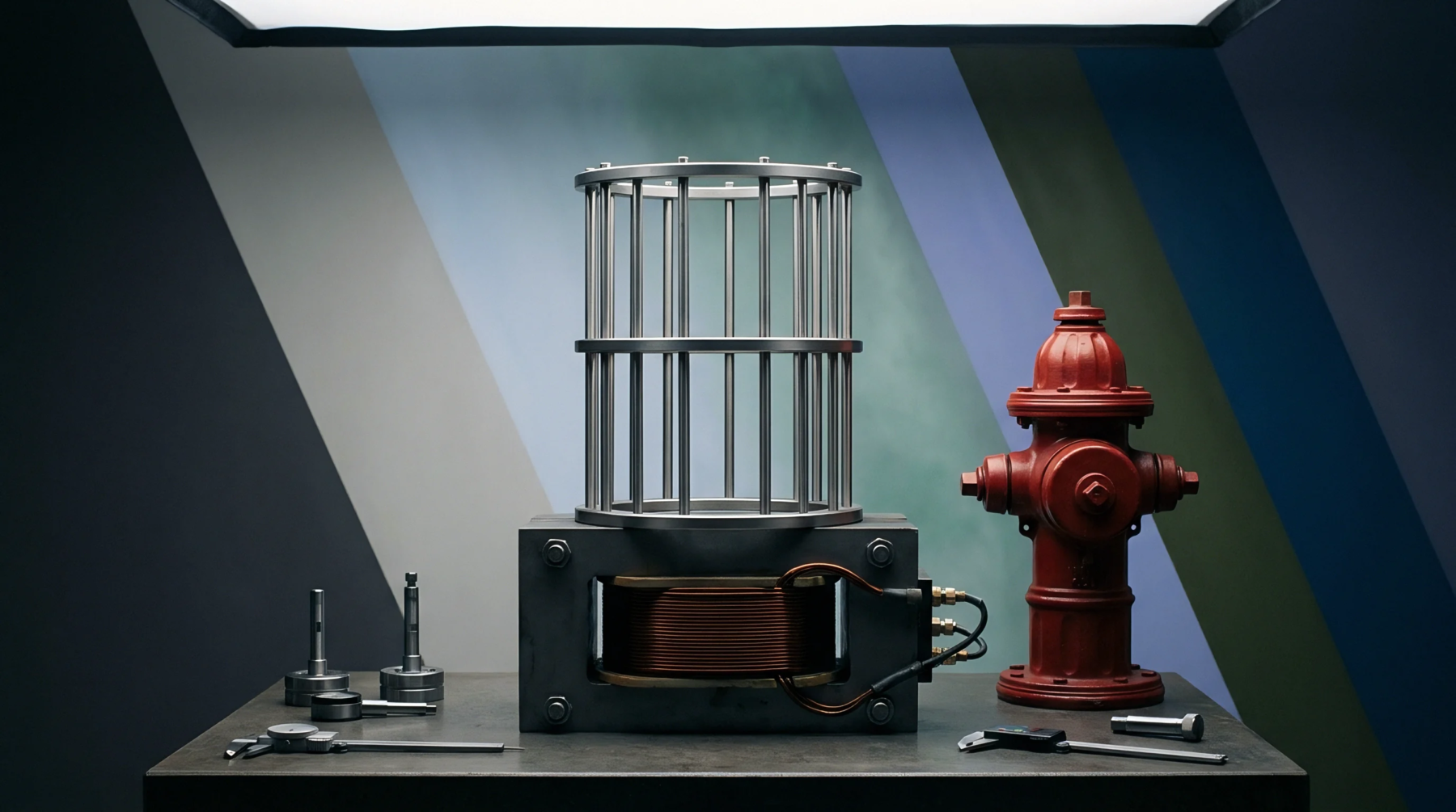 A copper electromagnetic coil rests on an iron core beside a steel safety cage, precision gauges, and a red hydrant inside a testing laboratory.
