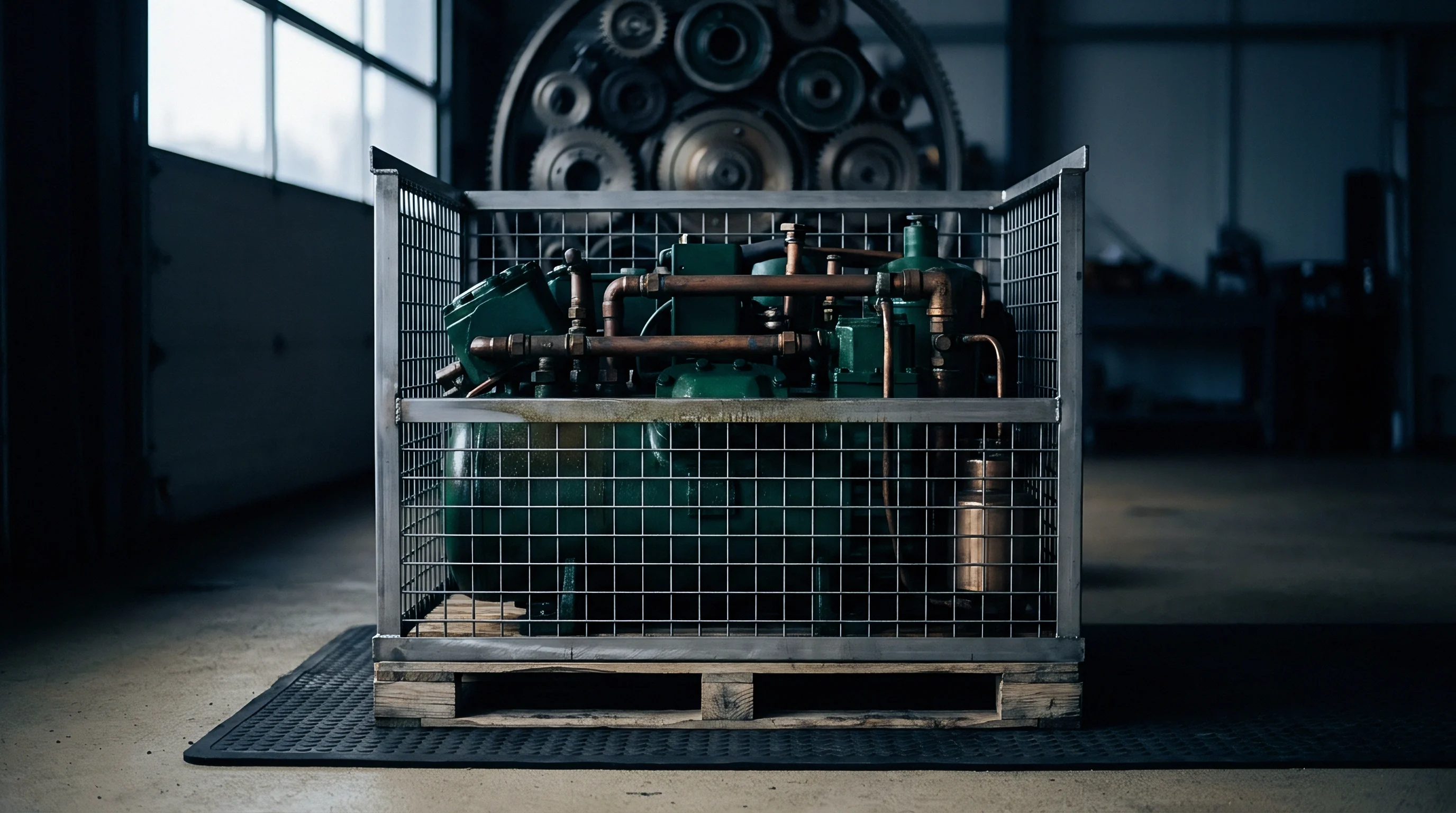 A green metal industrial unit with copper pipes rests within a steel mesh pallet container on a workshop floor near windows.