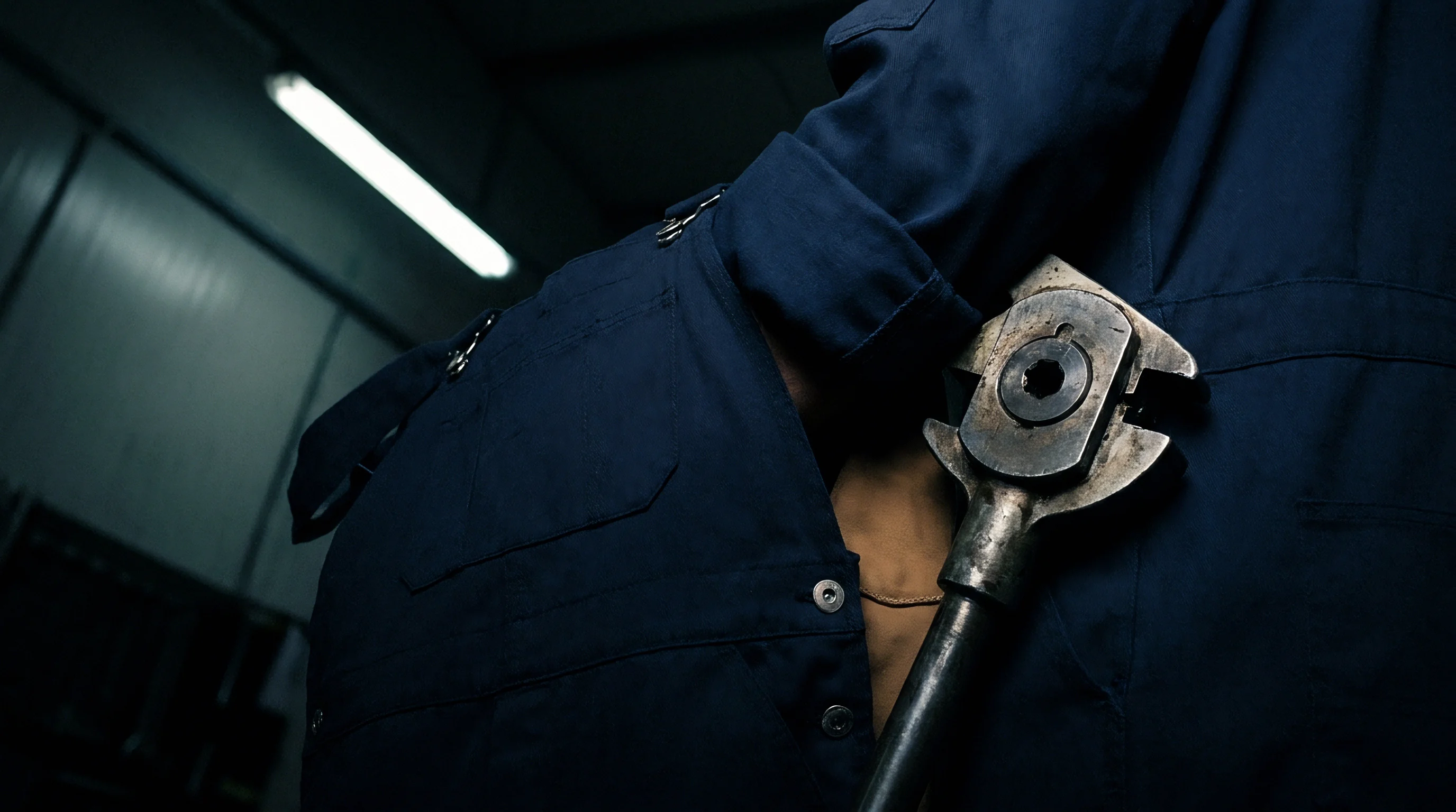 An industrial worker wearing dark blue utility garments holds heavy maintenance equipment in a production facility setting.