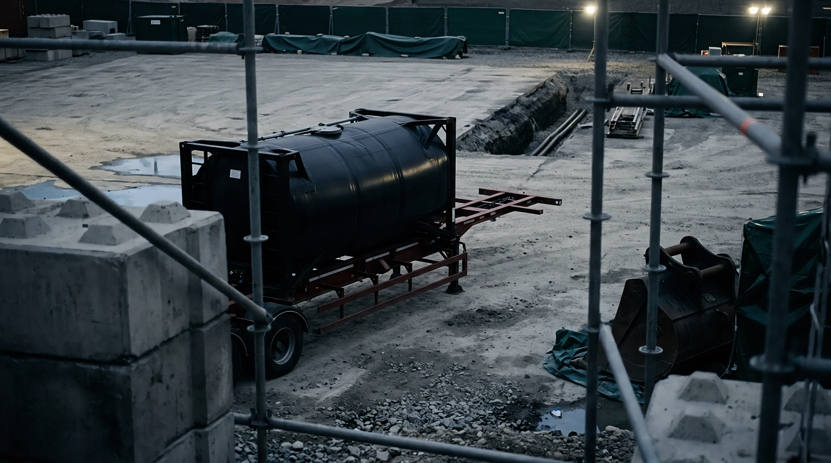 A heavy steel storage tank rests on an industrial trailer chassis within an active construction site yard.