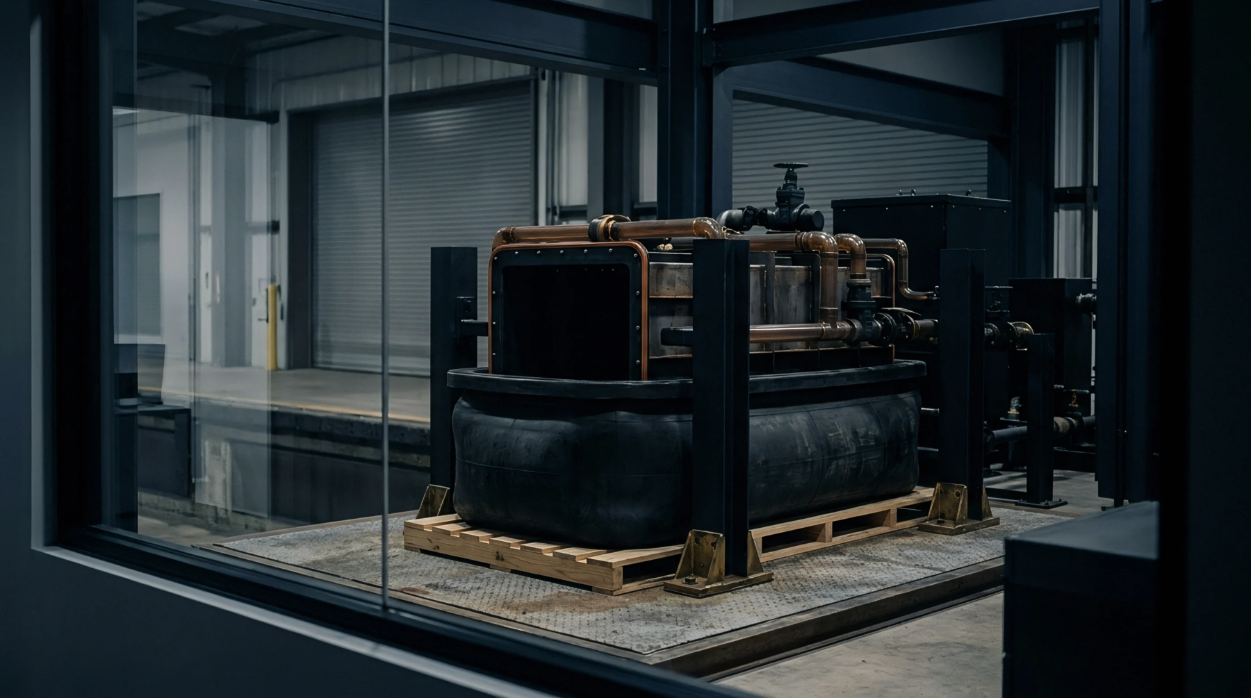 A dark modular industrial machine with copper piping sits secured on a wooden pallet inside a steel framed logistics facility.