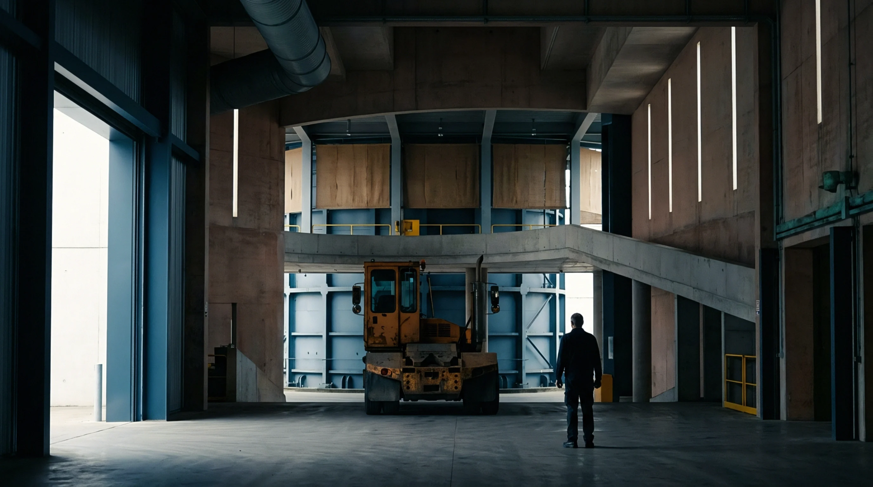 A solitary worker stands inside a vast industrial warehouse facing a heavy yellow terminal tractor positioned near a concrete structural ramp.