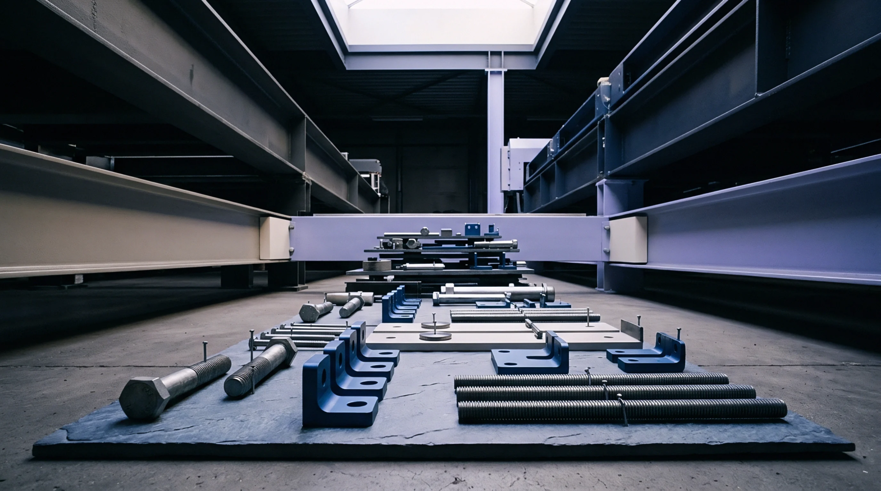 Structural steel fasteners and blue painted mounting brackets rest on a slate staging plate inside a heavy industrial manufacturing warehouse.