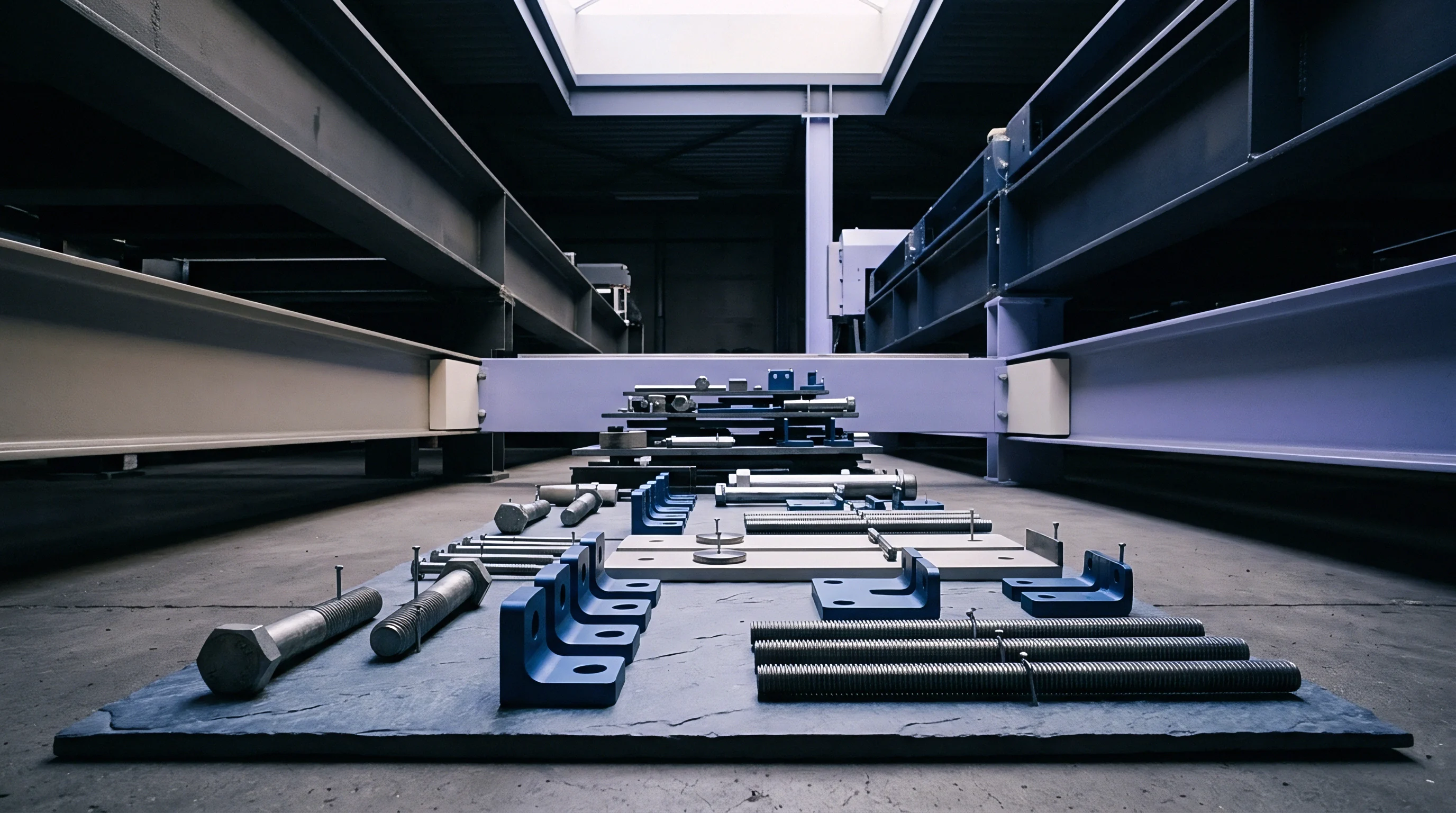 Structural steel fasteners and blue painted mounting brackets rest on a slate staging plate inside a heavy industrial manufacturing warehouse.