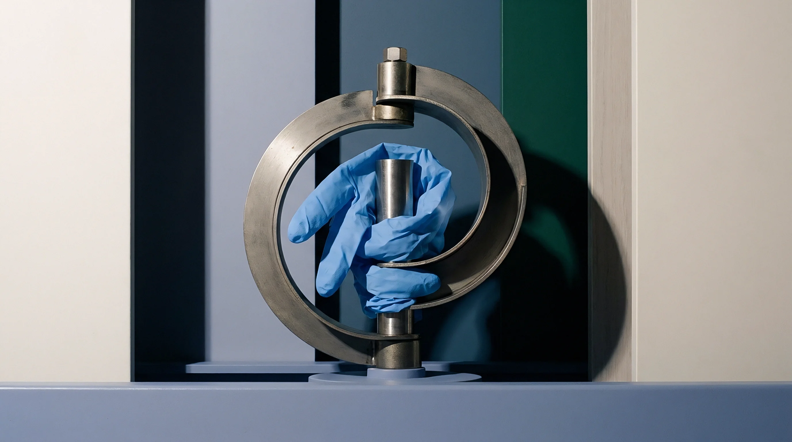 A stainless steel high pressure clamp secures a blue nitrile glove against a central vertical metal cylinder in a controlled environment.