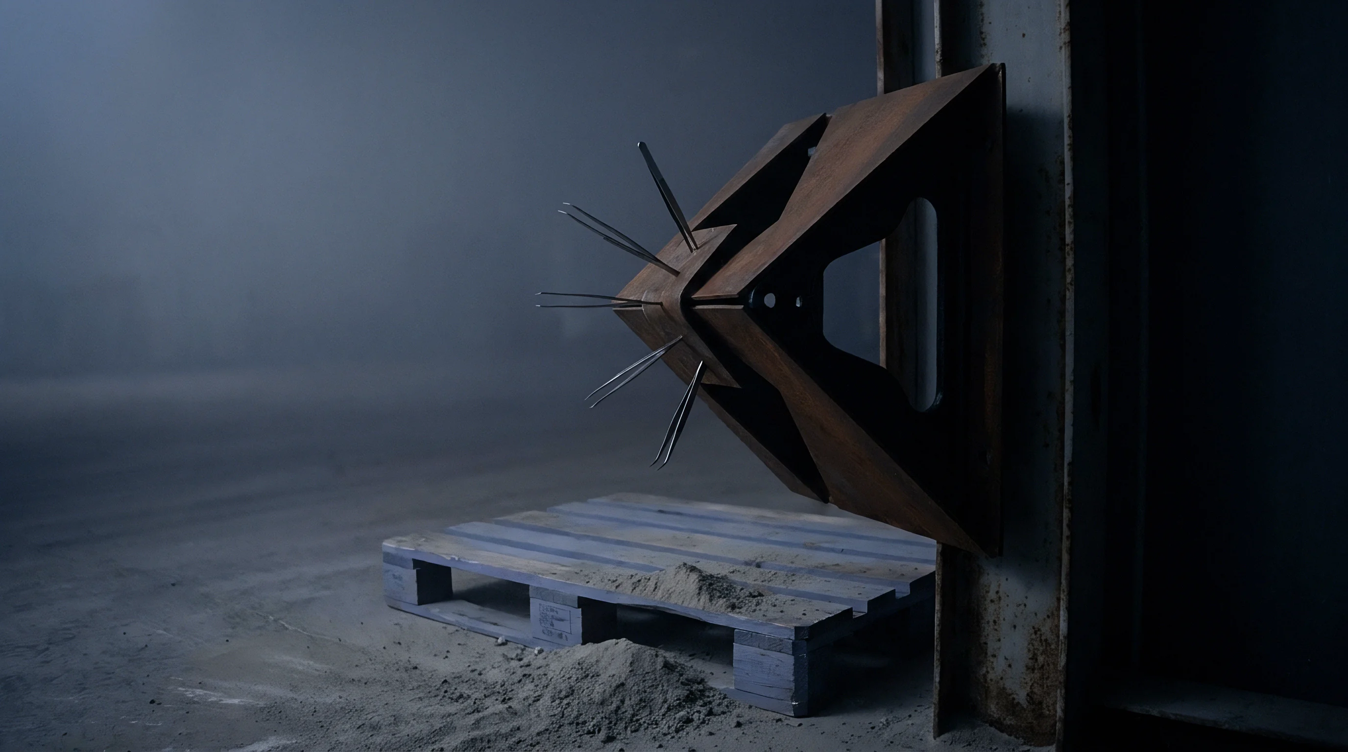 Rusted steel brackets with protruding metal spikes attach to an industrial structural column above a wooden pallet on a dusty concrete floor.