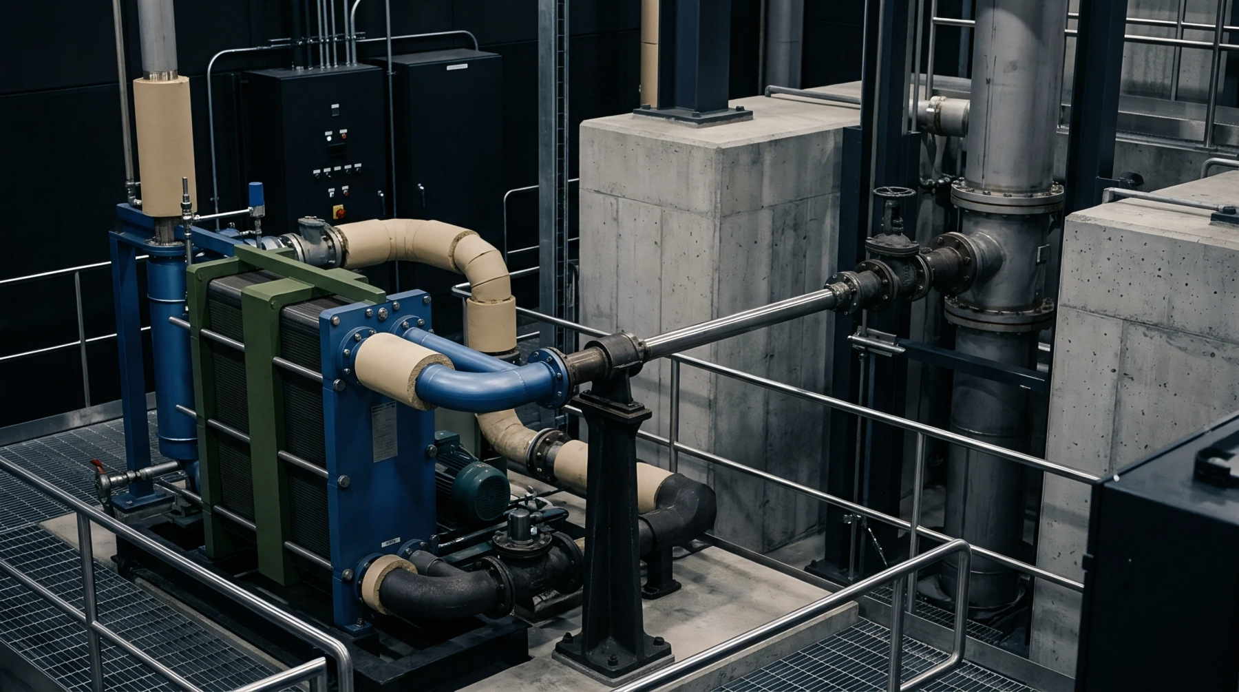 Industrial production equipment featuring bolted heat exchangers and insulated piping sits on metal grating inside a manufacturing facility.