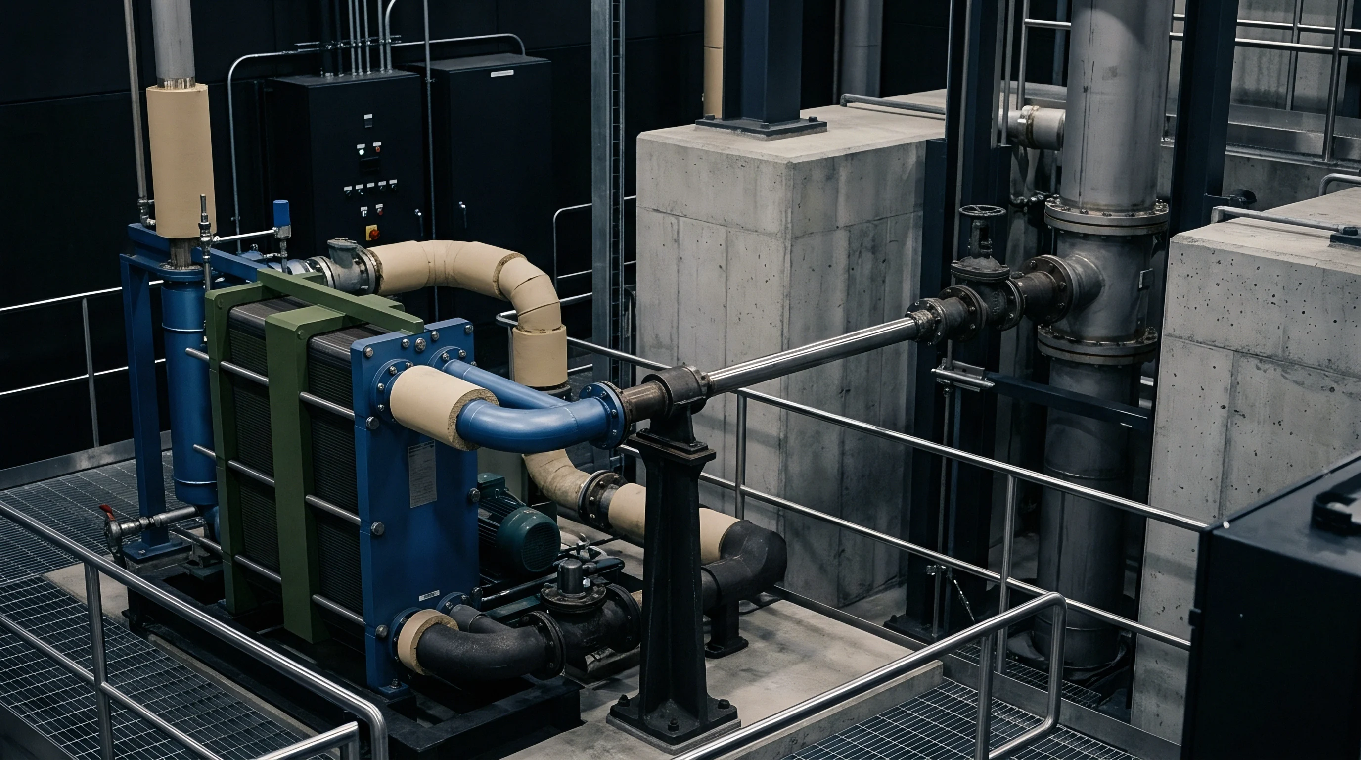 Industrial production equipment featuring bolted heat exchangers and insulated piping sits on metal grating inside a manufacturing facility.