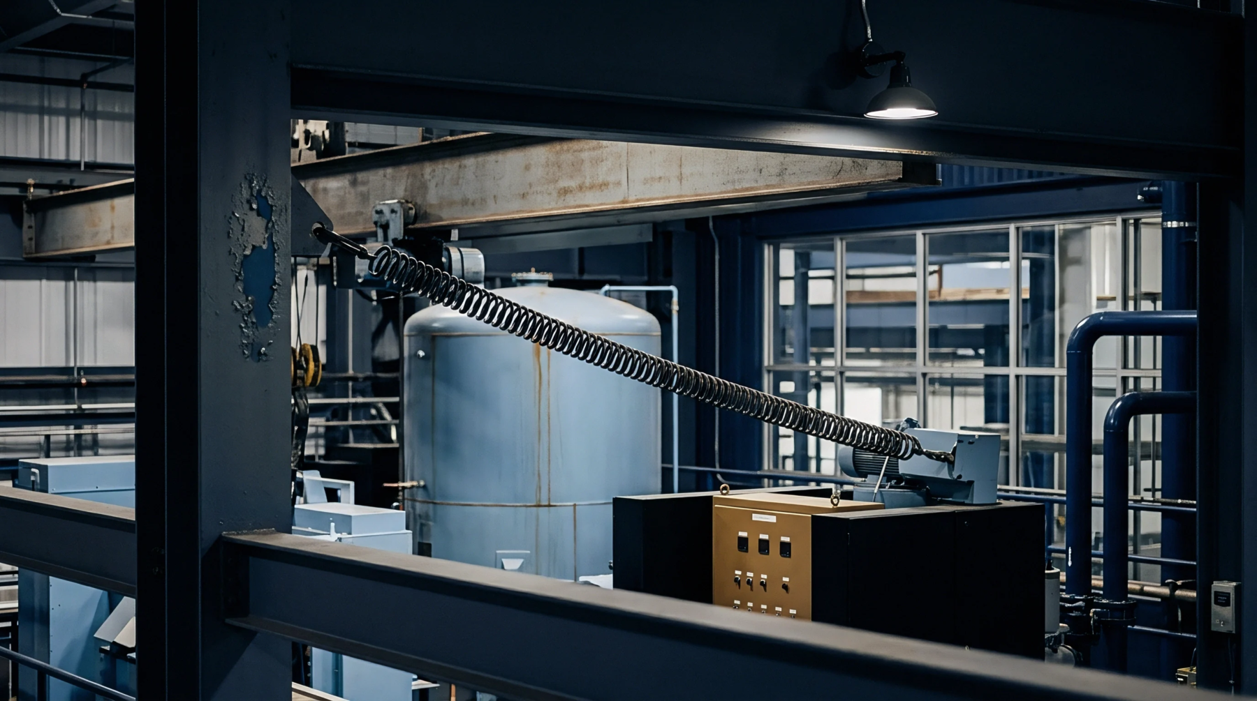 A robust dark steel framework supports industrial equipment including a large cylindrical storage tank, pipes, and a control panel in an indoor production facility.