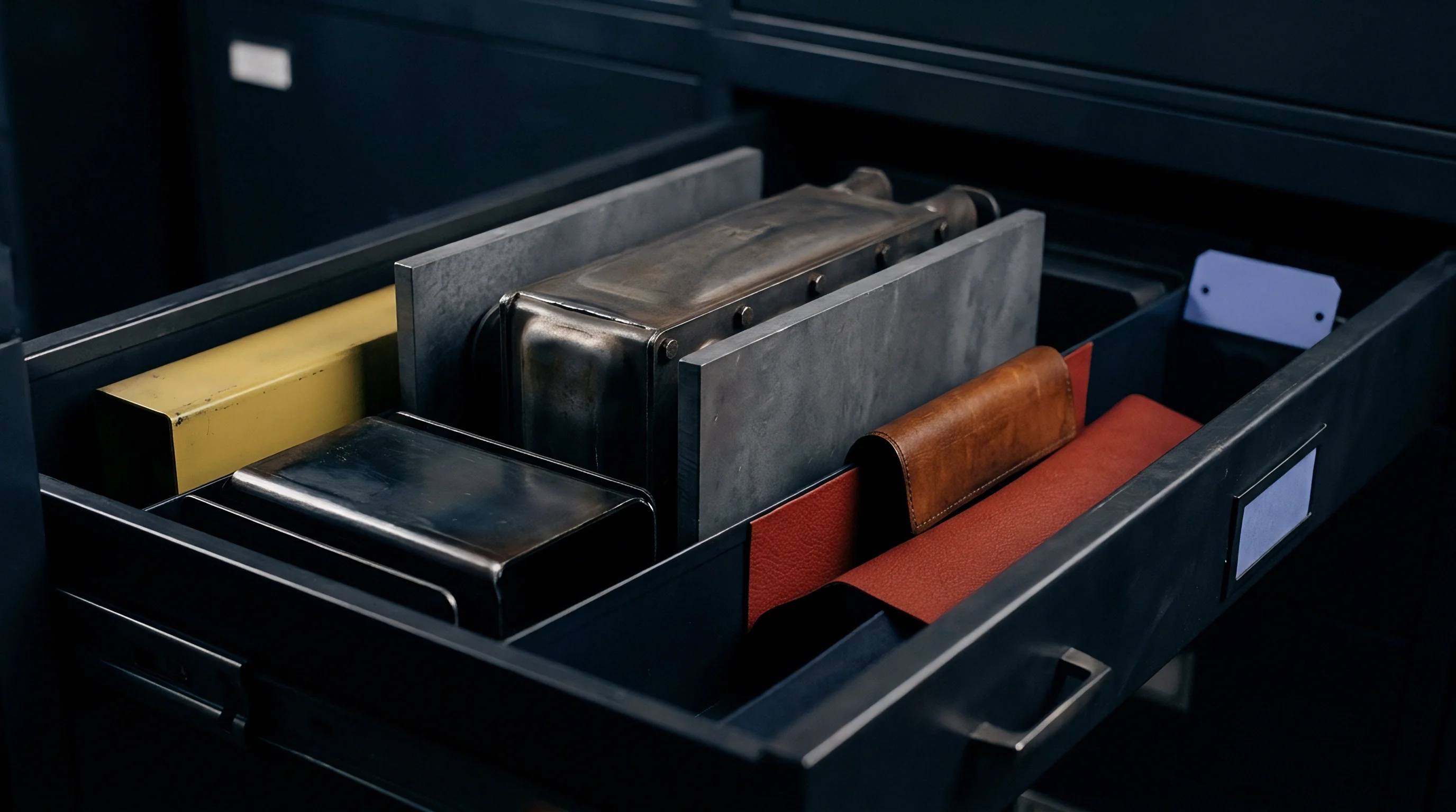 Precision machined steel housings and colored material swatches rest organized inside a dark industrial storage drawer.