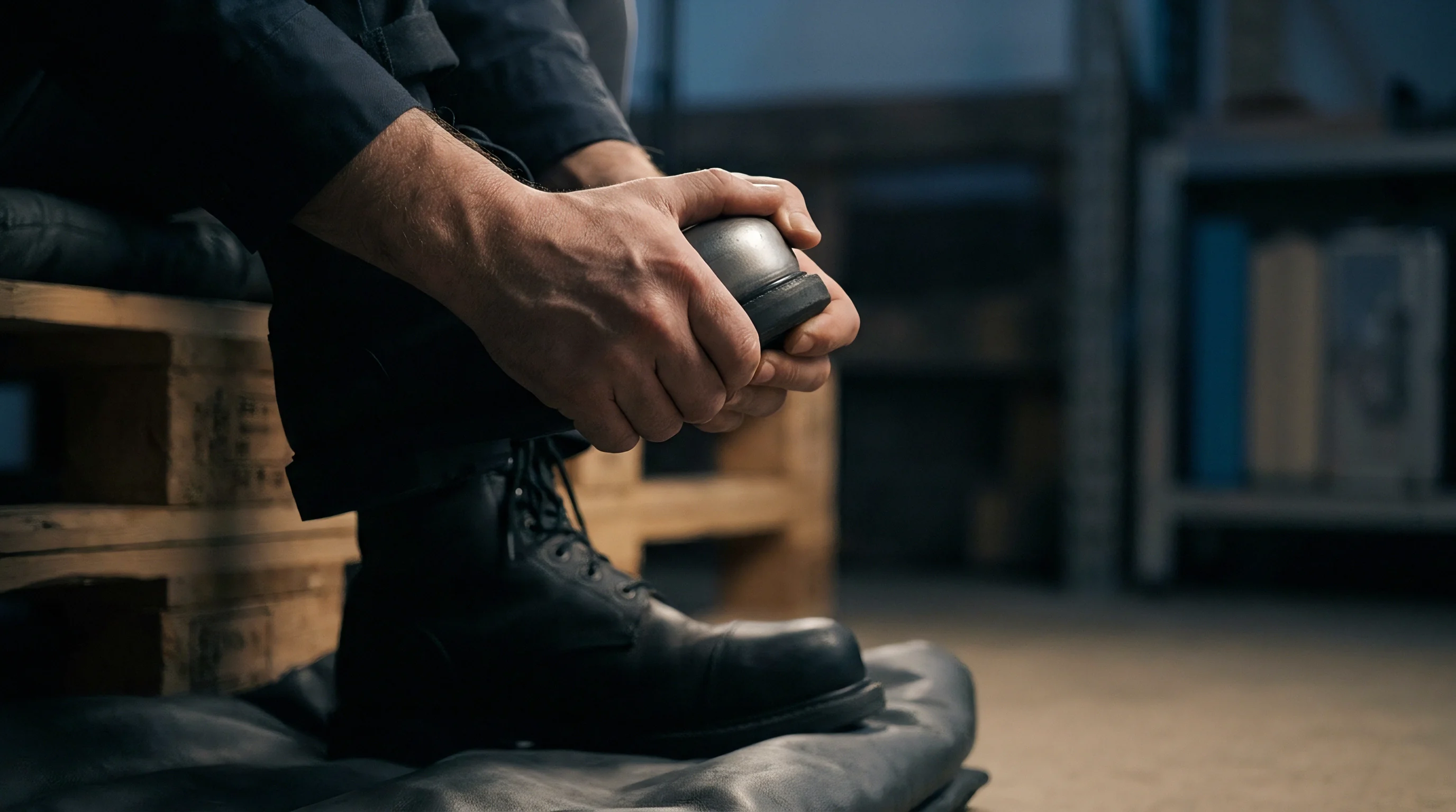 A logistics worker sitting on wooden pallets adjusts heavy leather safety footwear inside an industrial warehouse environment.