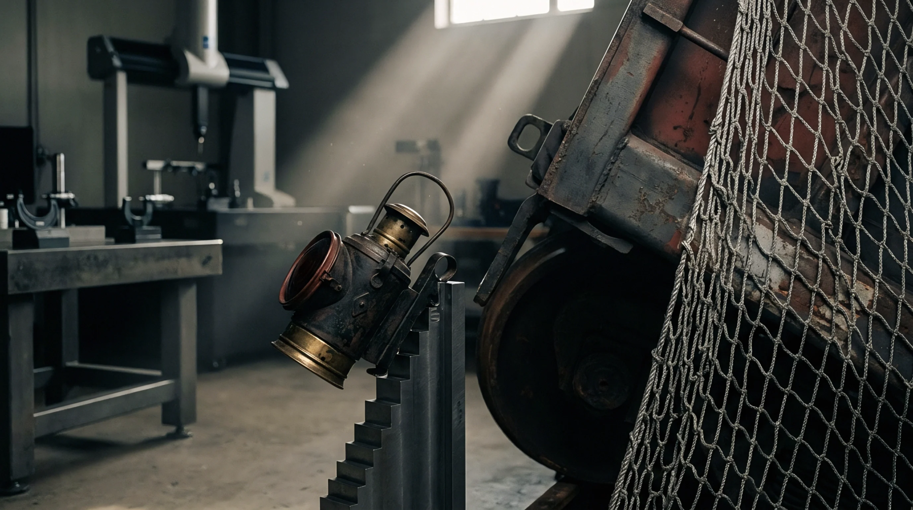 An antique metal railway signal lamp rests on a stepped fixture near a Coordinate Measuring Machine and large industrial component draped in netting.