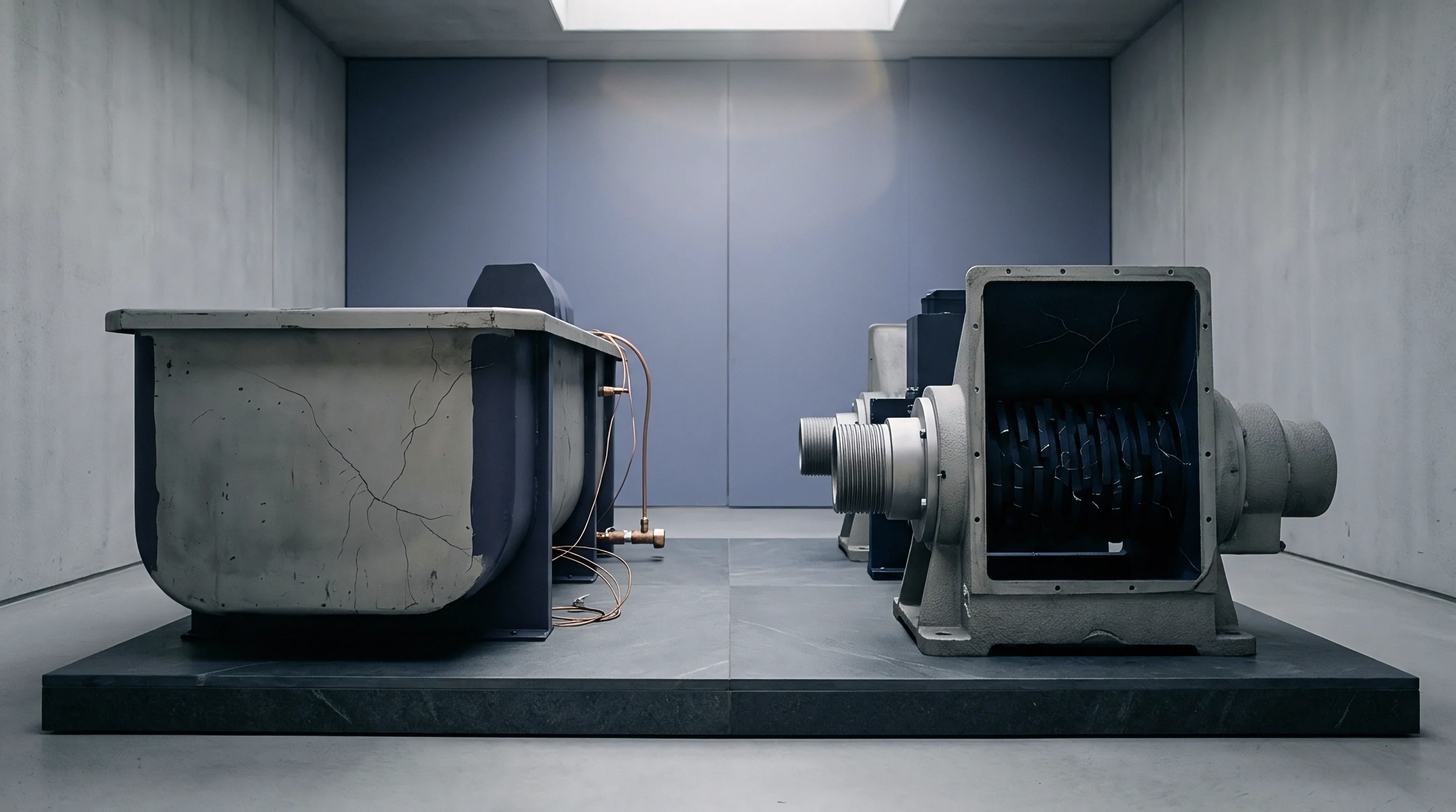 Heavy industrial machinery components including a cracked processing vessel and a rotary shredder rest on a concrete platform inside a minimalist concrete workshop.