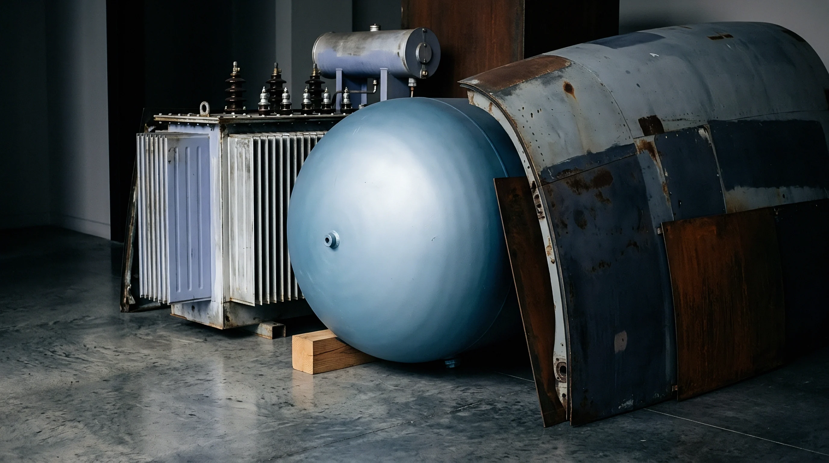 Industrial machinery components including a large blue tank and metal panels rest on a concrete floor inside a warehouse.