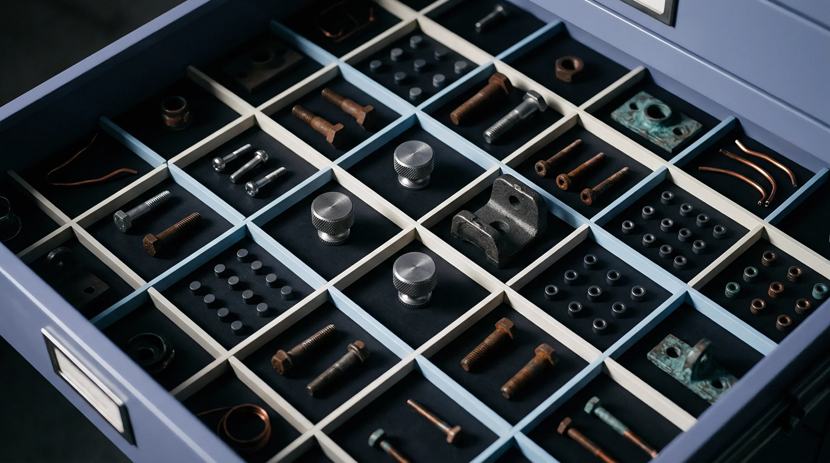 A metal organizer drawer contains neatly sorted industrial fasteners, hardware components, and metal bracket spares partitioned in individual compartments.