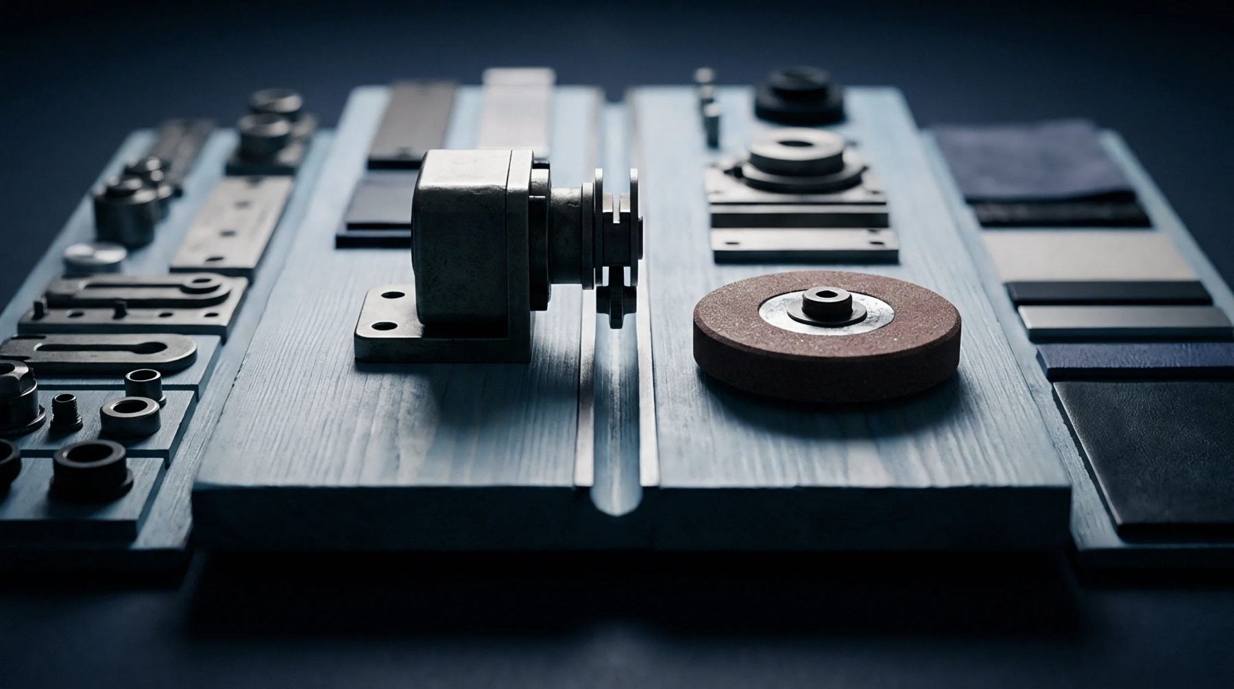 Precision mechanical assemblies and raw material swatches are arranged on a painted wooden workbench for industrial sourcing evaluation.
