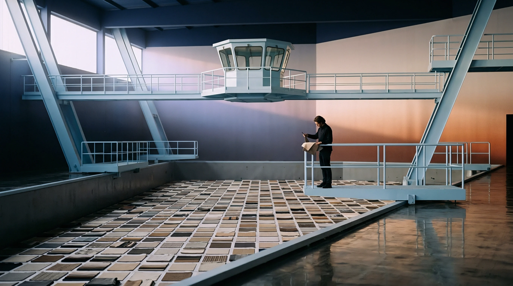 An industrial quality auditor evaluates material samples arranged across a concrete factory floor beneath an elevated control booth.