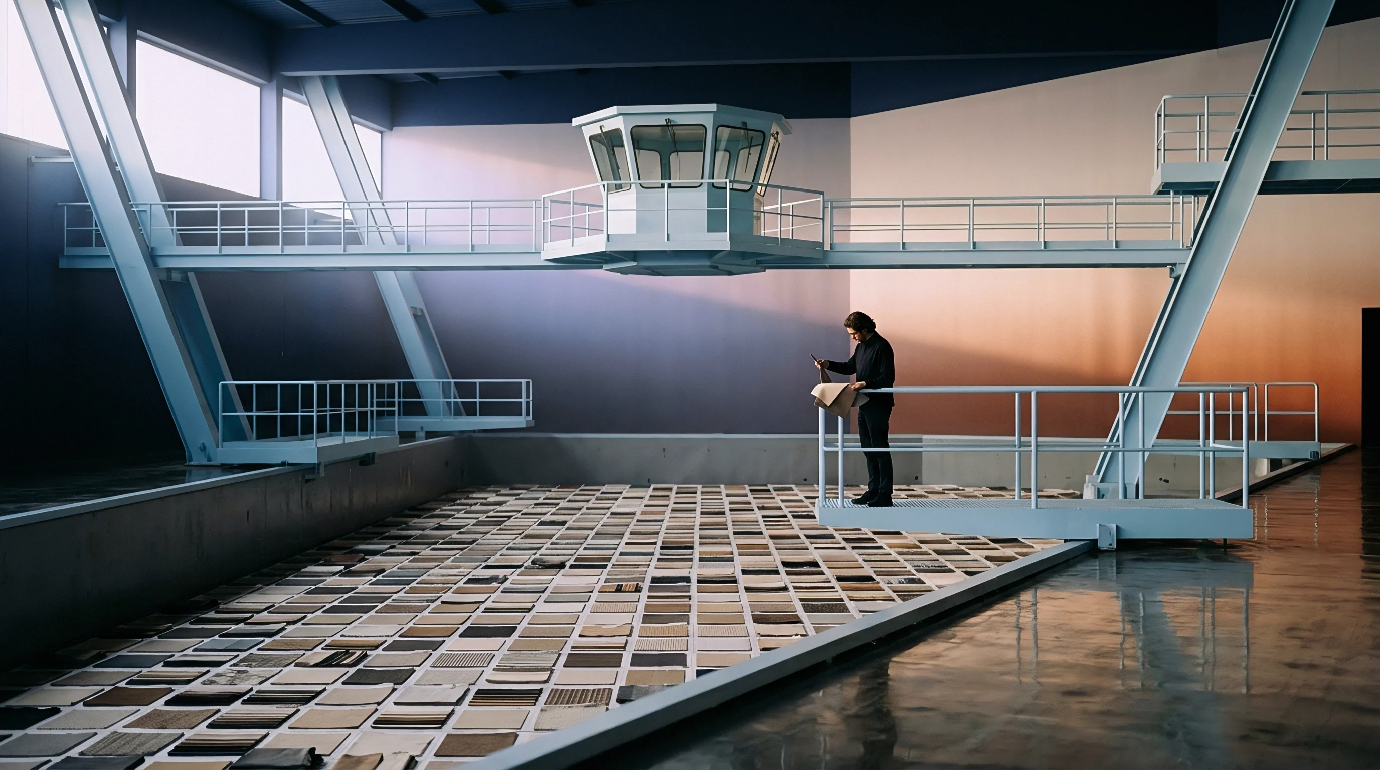 An industrial quality auditor evaluates material samples arranged across a concrete factory floor beneath an elevated control booth.