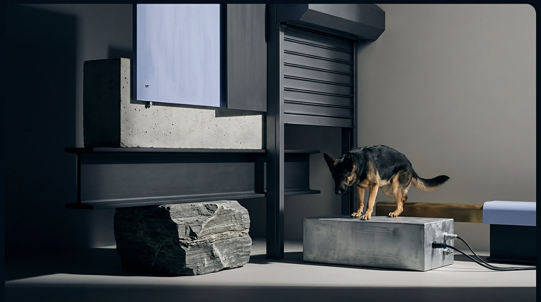A digital render portrays a working canine standing atop an industrial testing enclosure surrounded by raw construction materials and structural steel.