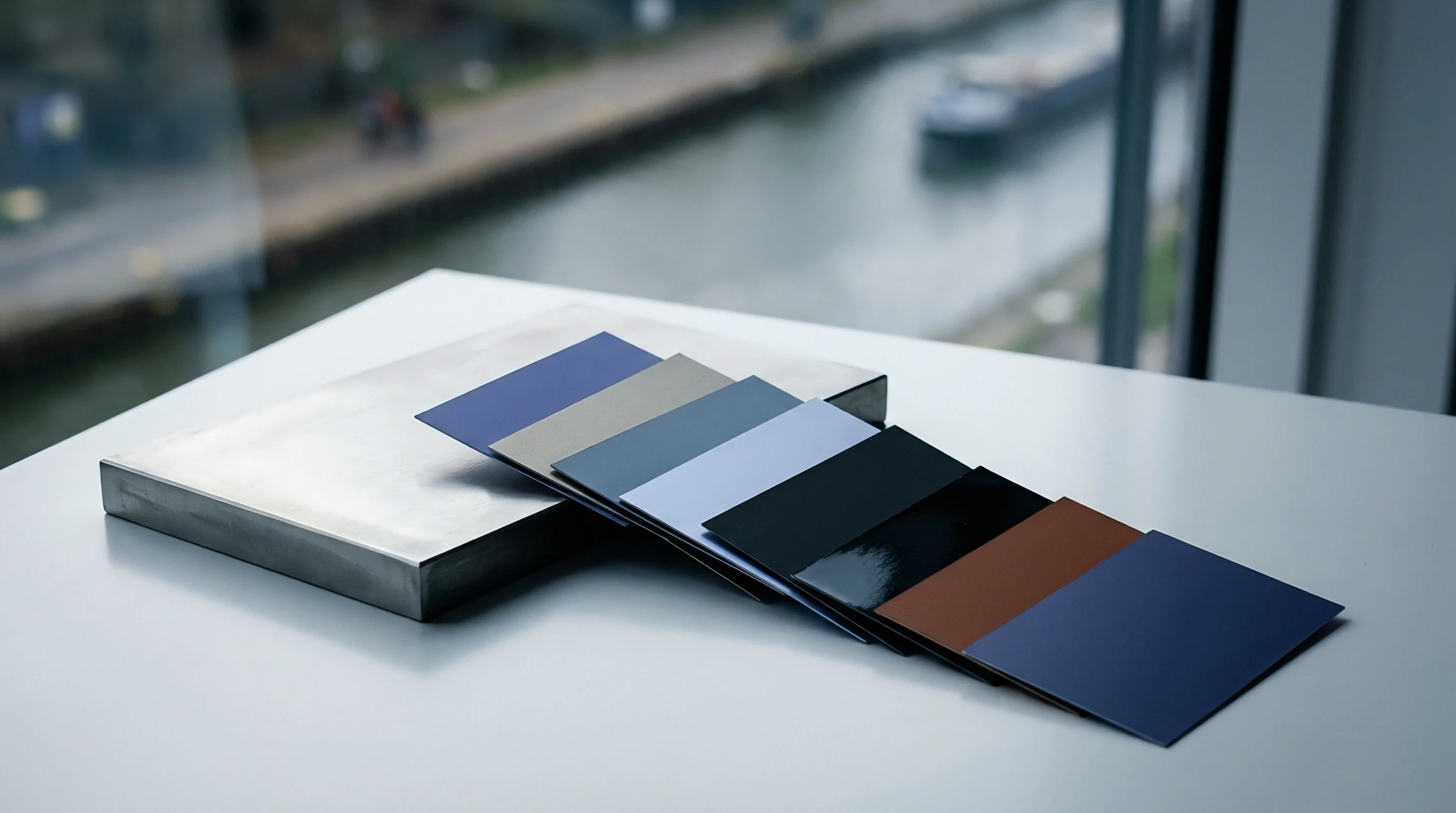 Rectangular material swatches in various shades rest on a flat surface next to a solid block in a logistics office setting.