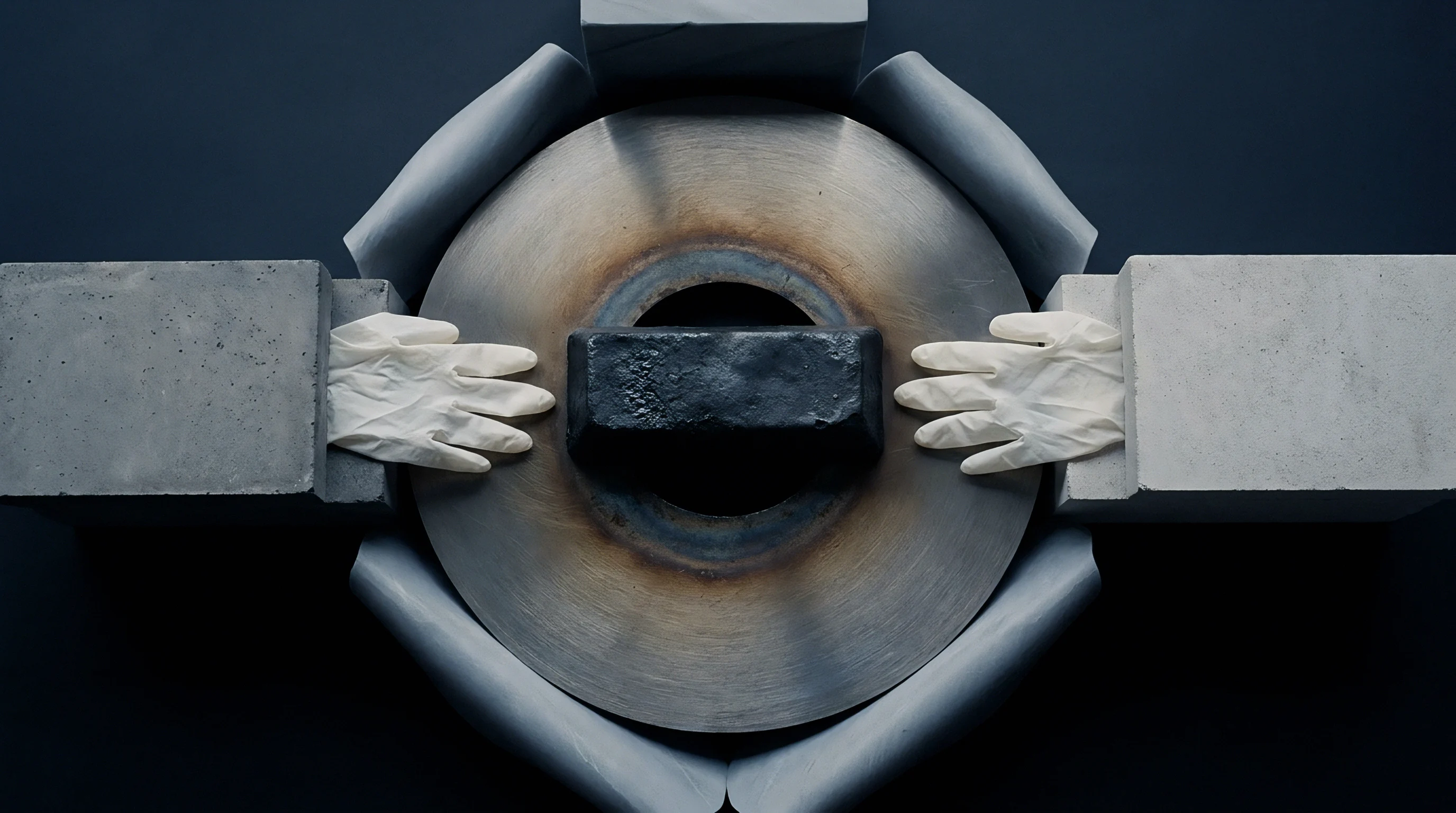Gloved hands emerge from grey concrete blocks toward a dark metal ingot resting inside a circular steel plate on a dark surface.