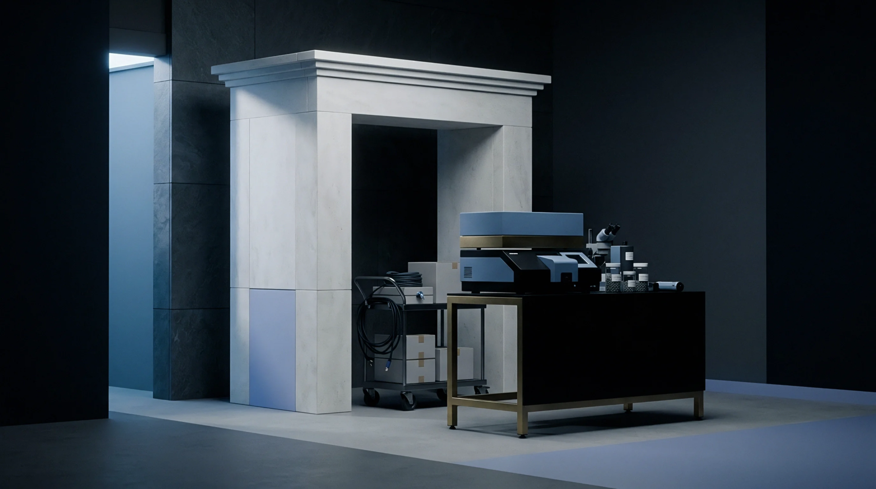 White stone architectural framing defines an industrial testing facility equipped with analytical laboratory hardware placed on a dark wooden workstation in a digital illustration.