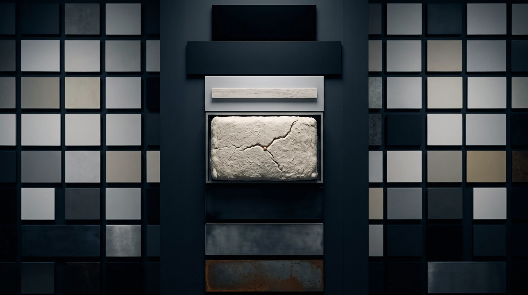 A fractured composite material sample rests inside a dark industrial display grid surrounded by various architectural surface finishes.
