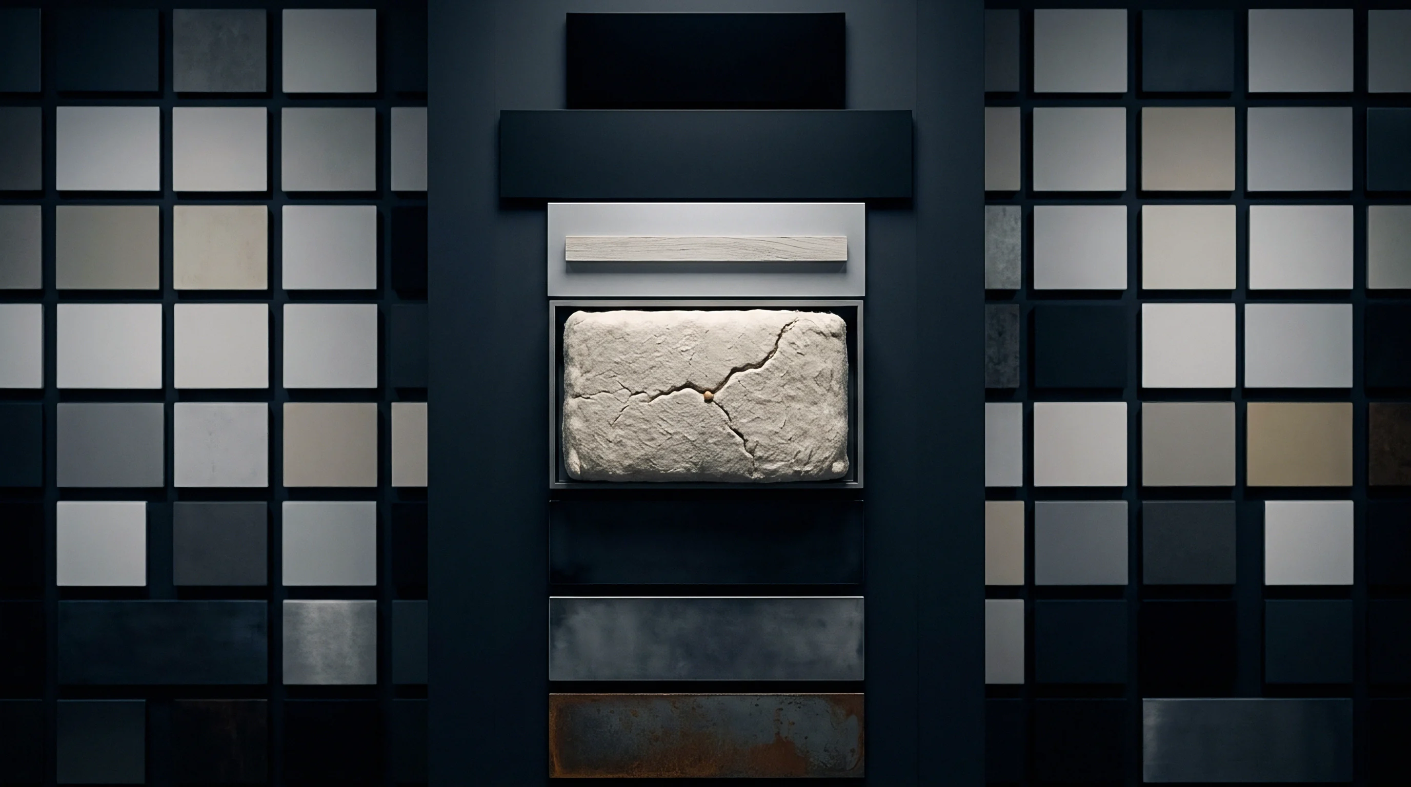 A fractured composite material sample rests inside a dark industrial display grid surrounded by various architectural surface finishes.