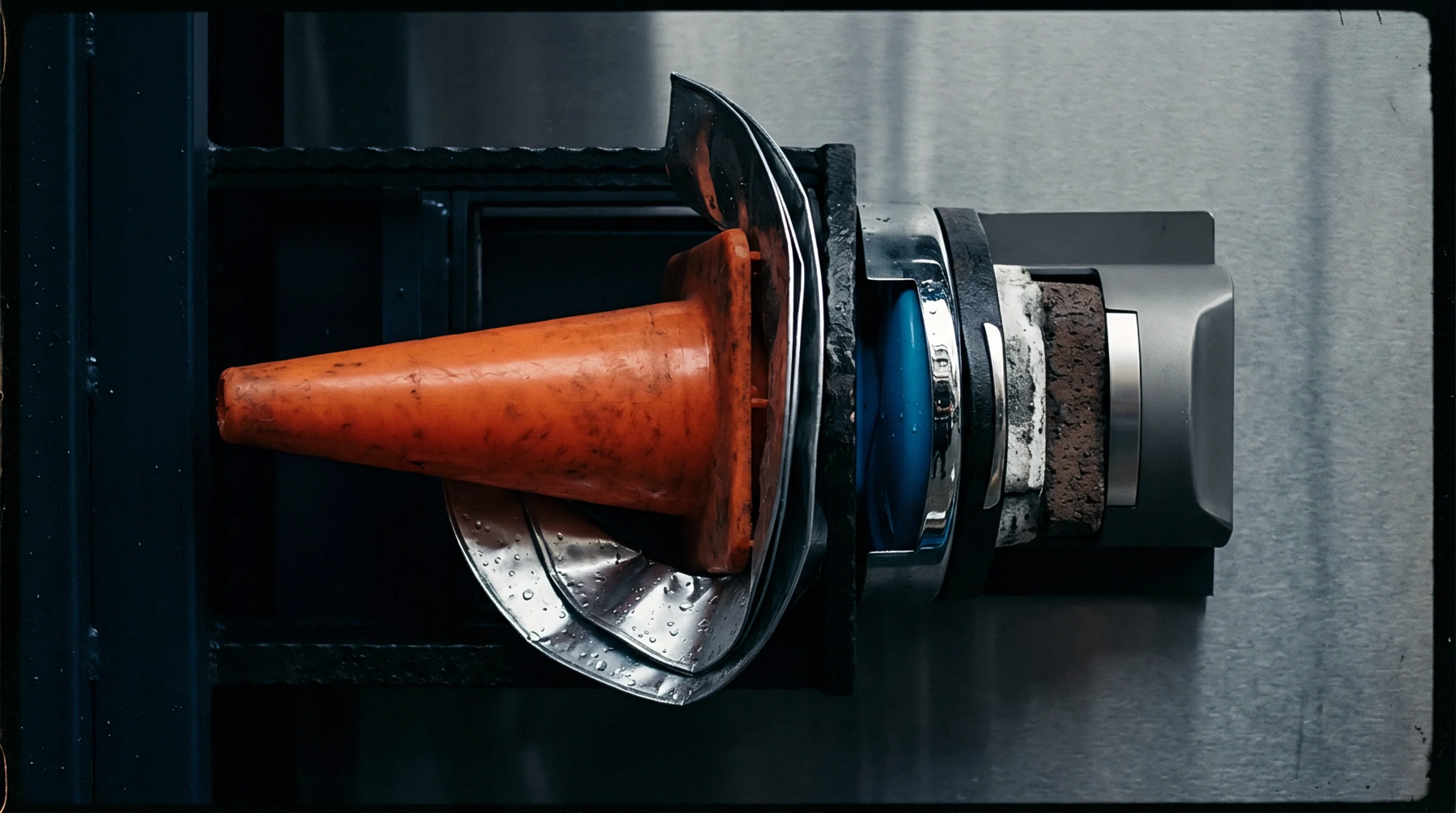 An orange plastic safety cone undergoes mechanical compression inside an industrial testing apparatus during product durability evaluations.