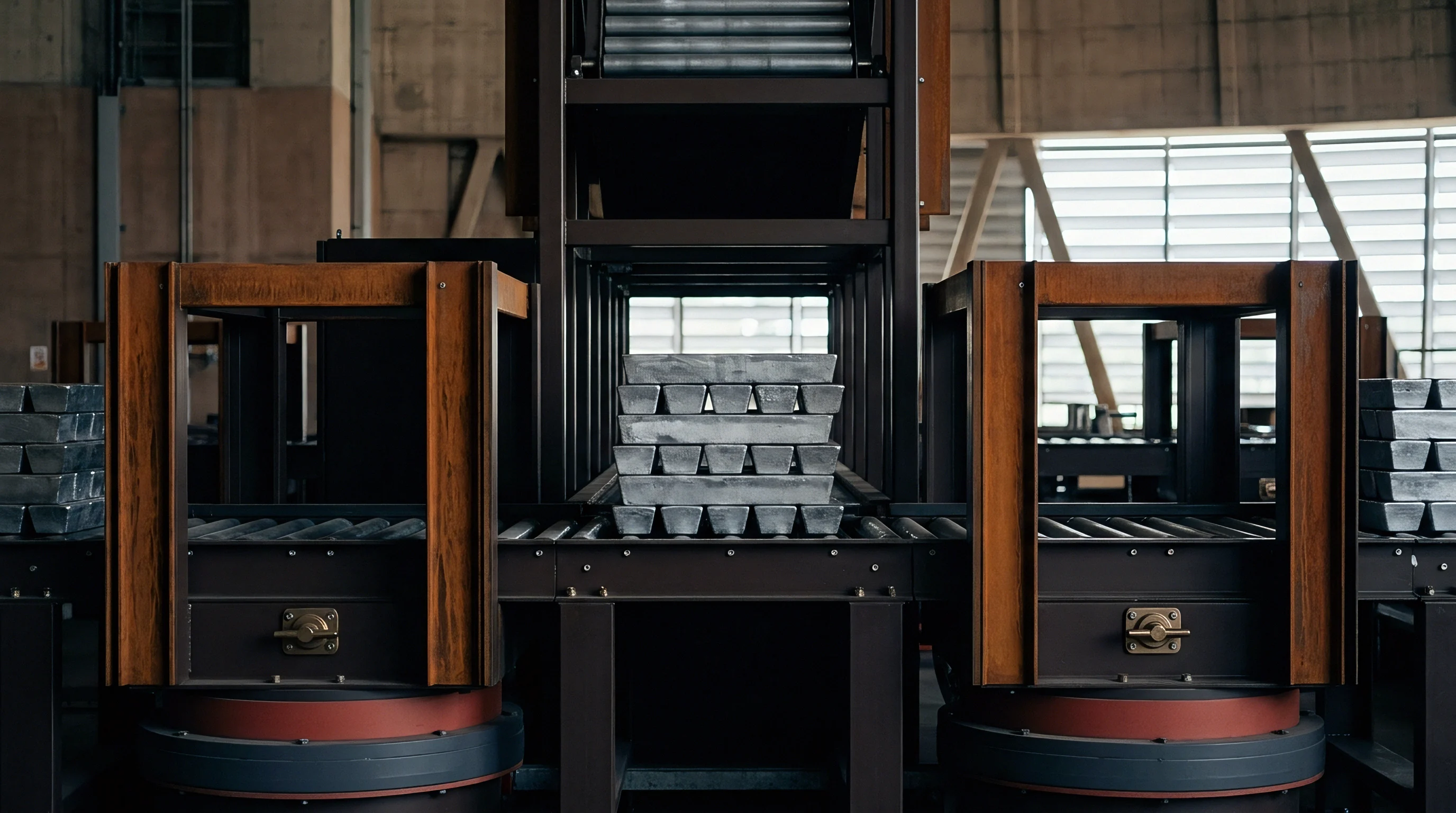 Stacks of cast metal ingots move along an automated roller conveyor system inside a heavy industrial manufacturing facility.