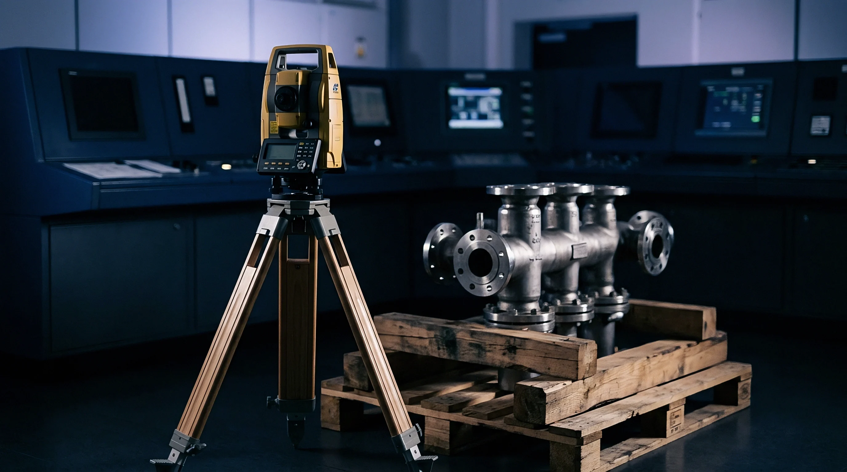 A total station instrument stands on a wooden tripod beside machined metal pipe assemblies resting on wooden pallets inside an industrial control room.