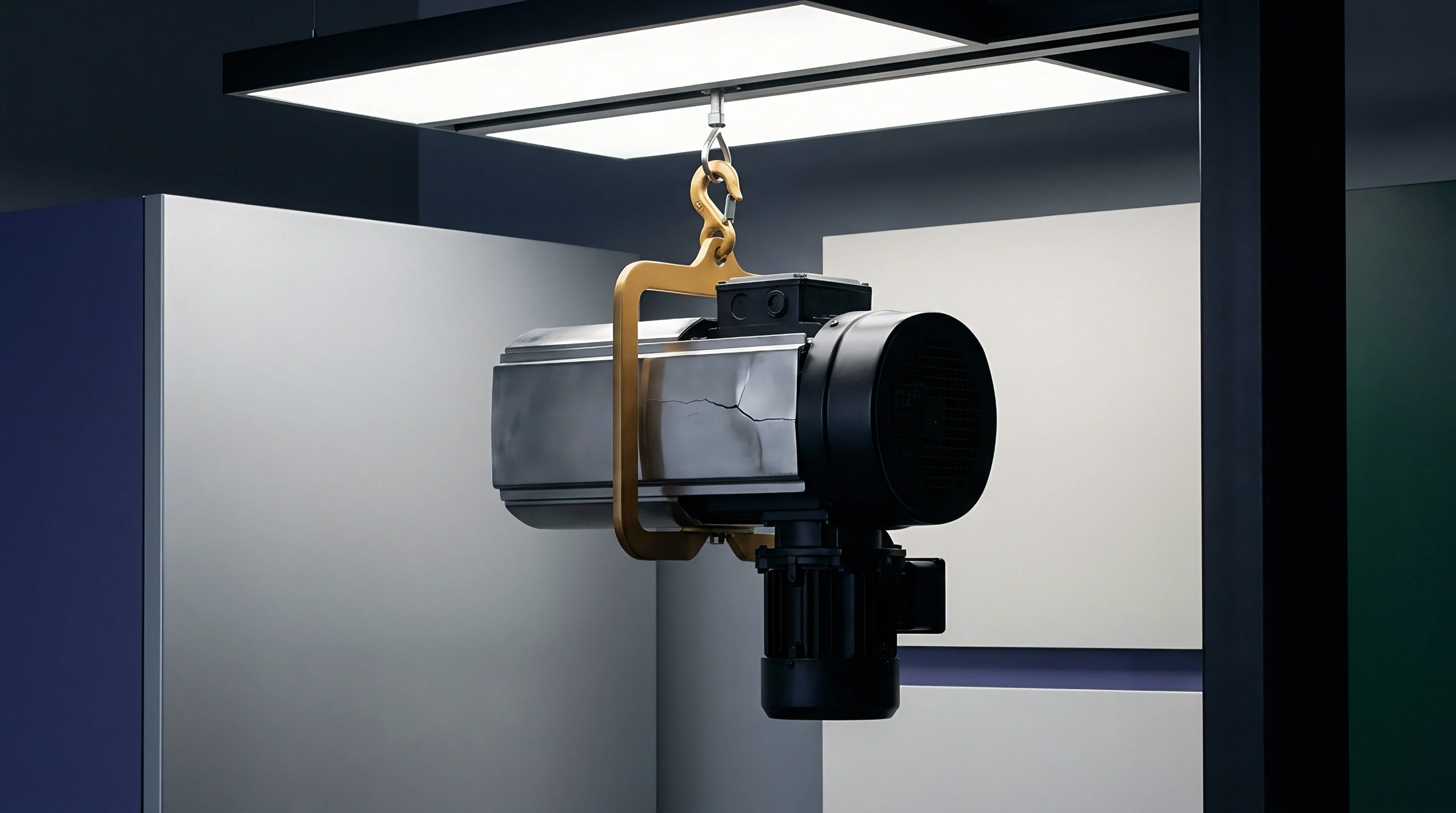 A metallic industrial motor unit hangs from an overhead mechanical hoist inside a production testing facility before shipping.